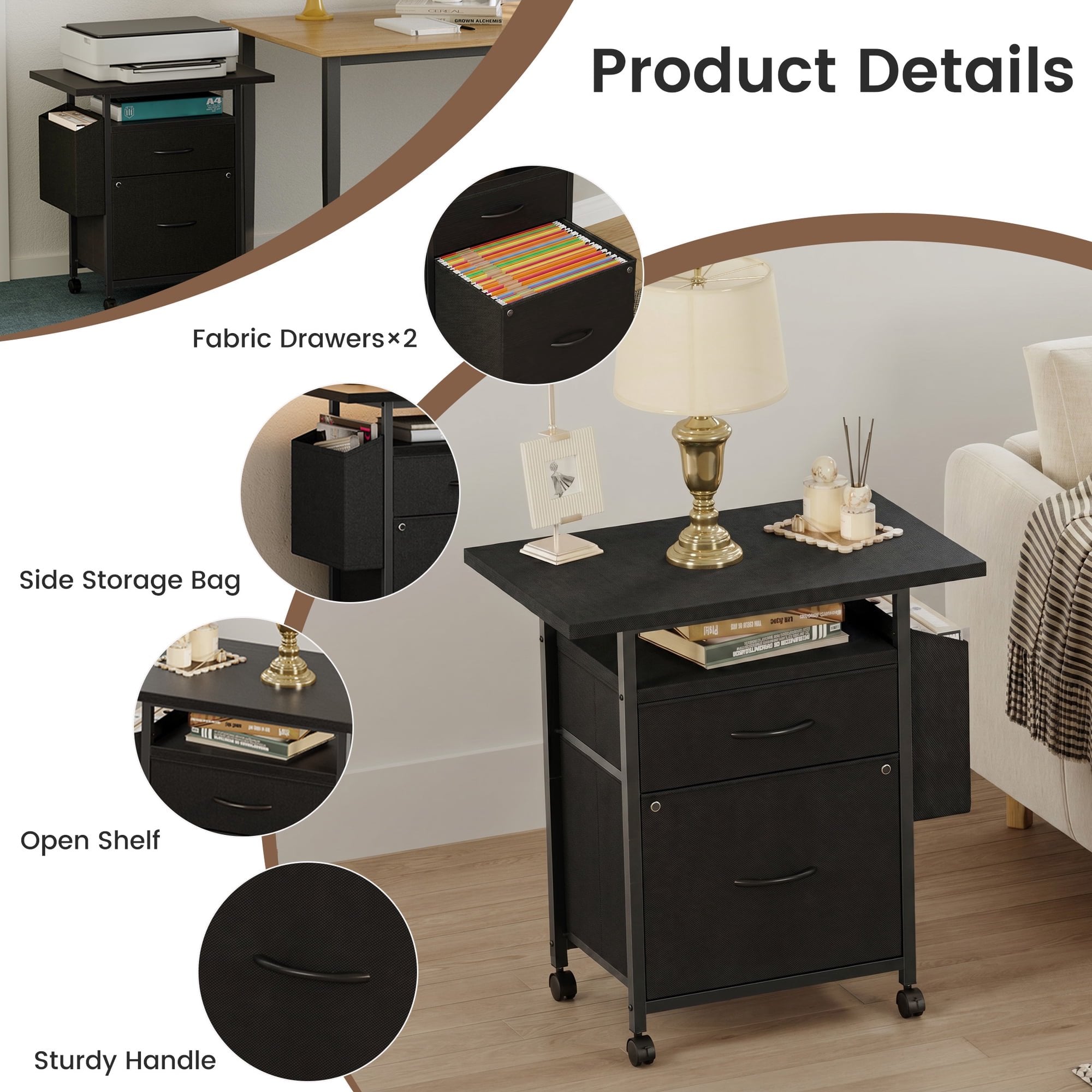 JIOABL Rolling Printer Stand with 2 Fabric Drawers, Storage Shelf, Side Organizer Bag and Lockable Wheels for Home Office