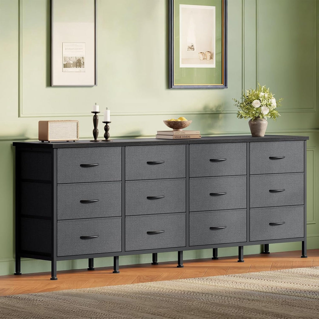 JIOABL TV Stand with 12 Fabric Drawers, Metal Frame Storage Stand with Adjustable feet and Anti-Tip