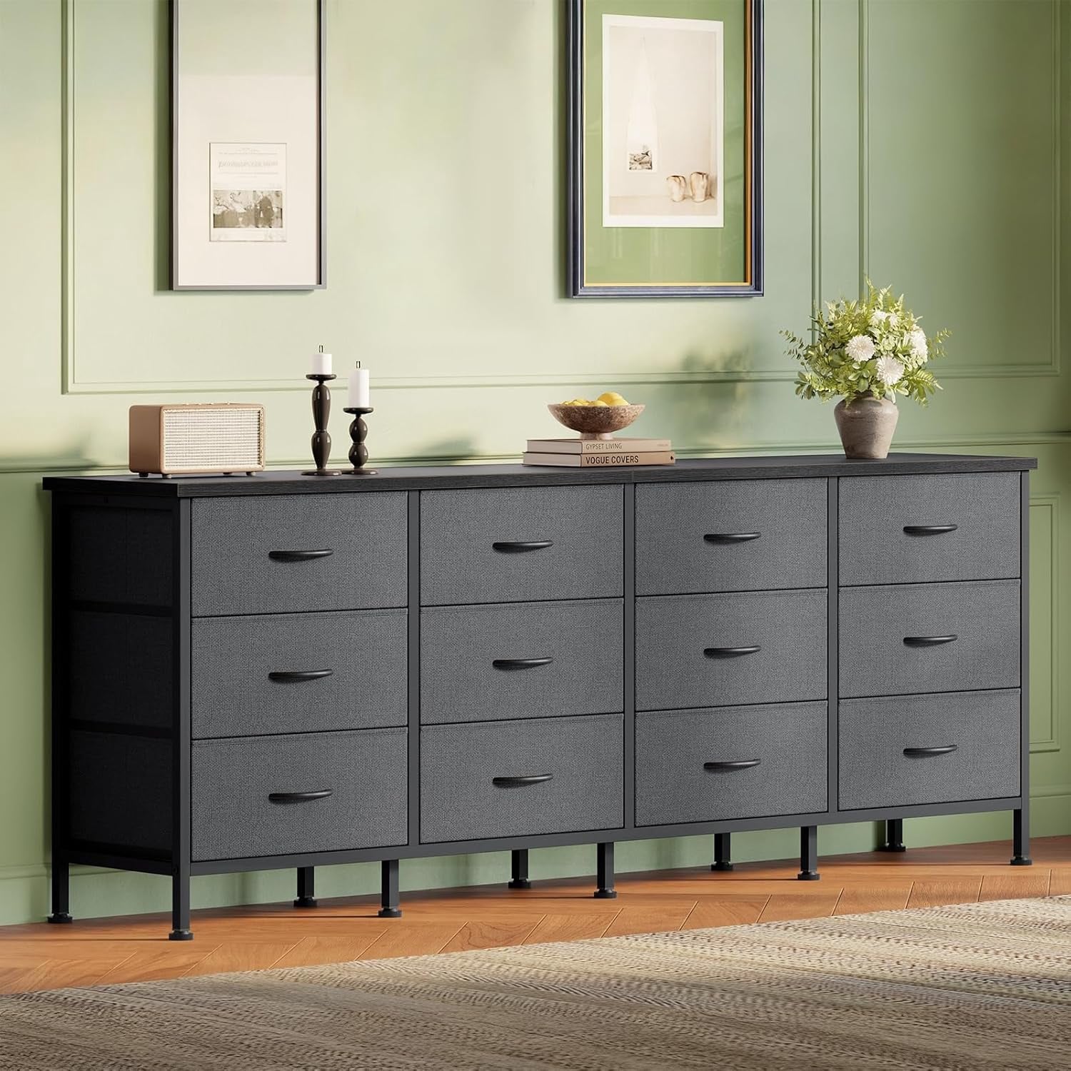 JIOABL TV Stand with 12 Fabric Drawers, Metal Frame Storage Stand with Adjustable feet and Anti-Tip