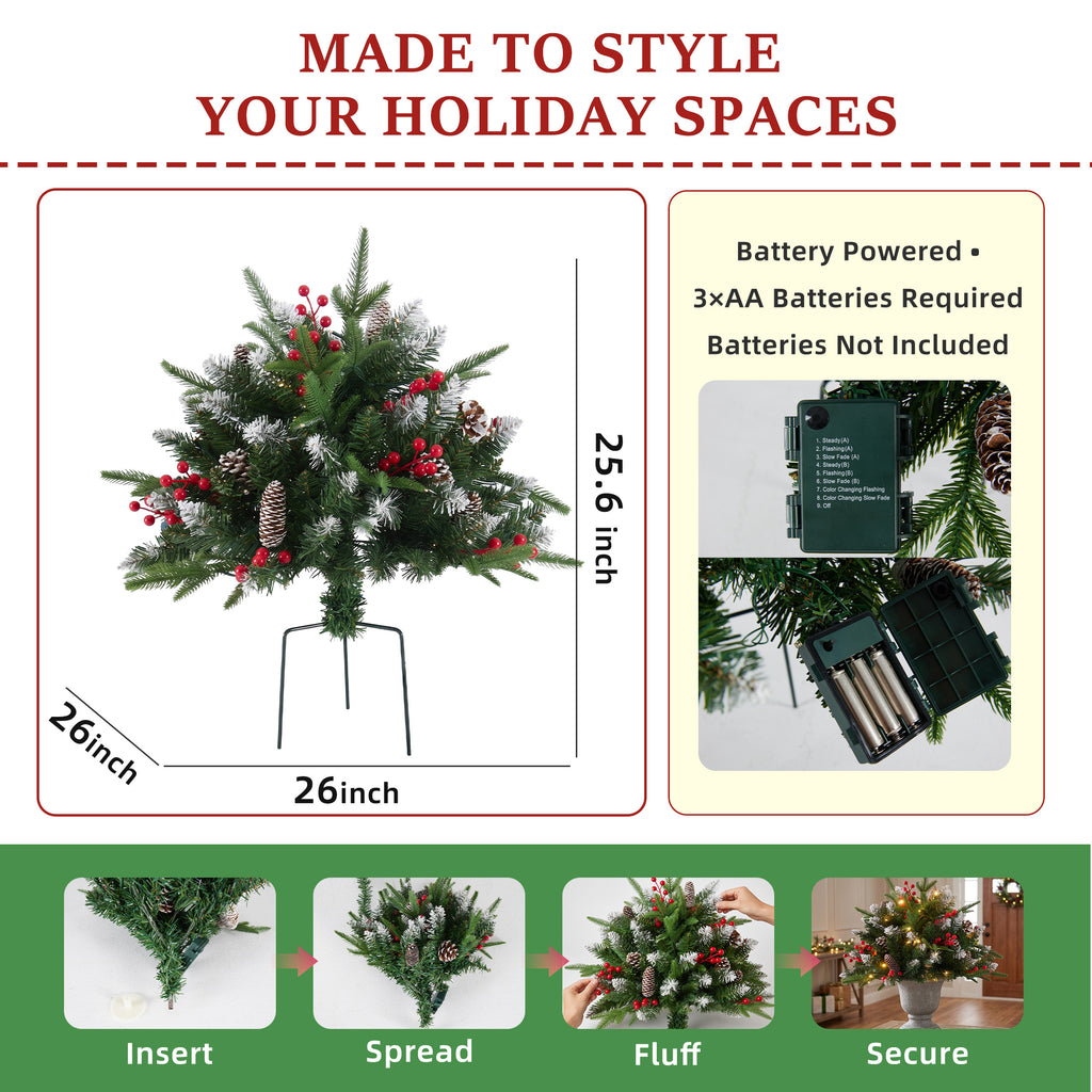 JIOABL Lighted Christmas Urn Filler, 24 in Artificial Pine Branches with 50 Warm White LEDs, 8 Modes and Timer, Indoor Outdoor Decor