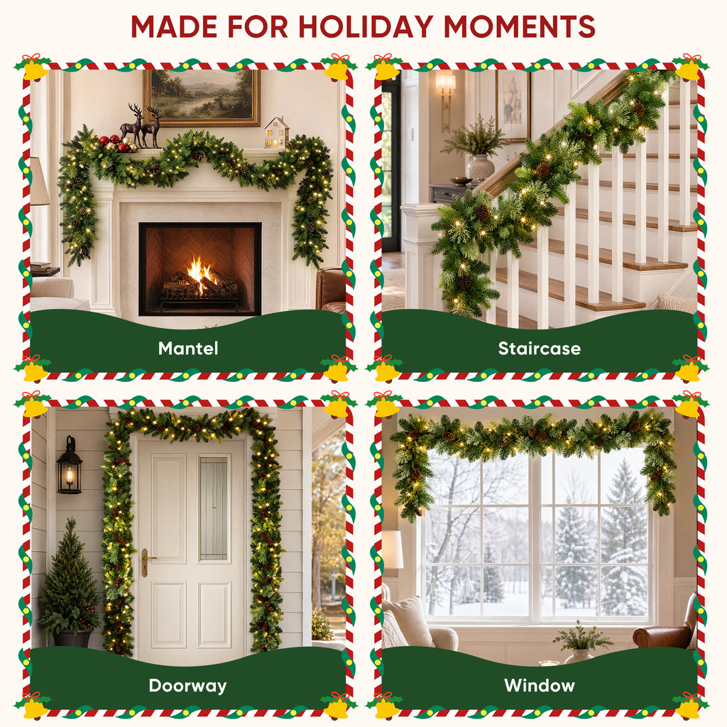 JIOABL 9 ft Pre-Lit Christmas Garland with Warm LED Lights, Artificial Pine Garland for Mantel, Staircase, Doorway and Holiday Decor