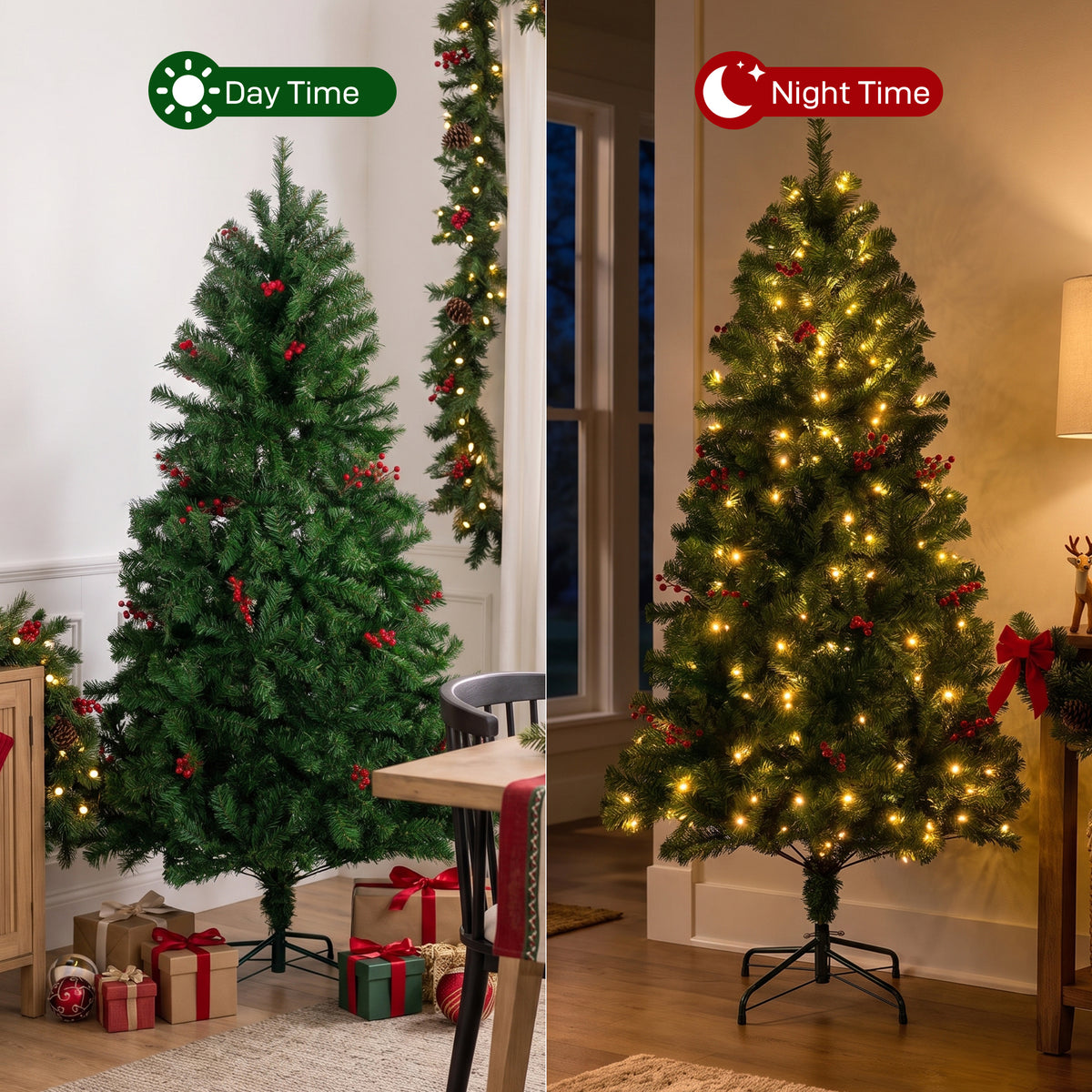 JIOABL Pre-Lit Artificial Spruce Christmas Tree, Pre-Decorated with Pinecones & Berries, Sturdy Metal Stand Base