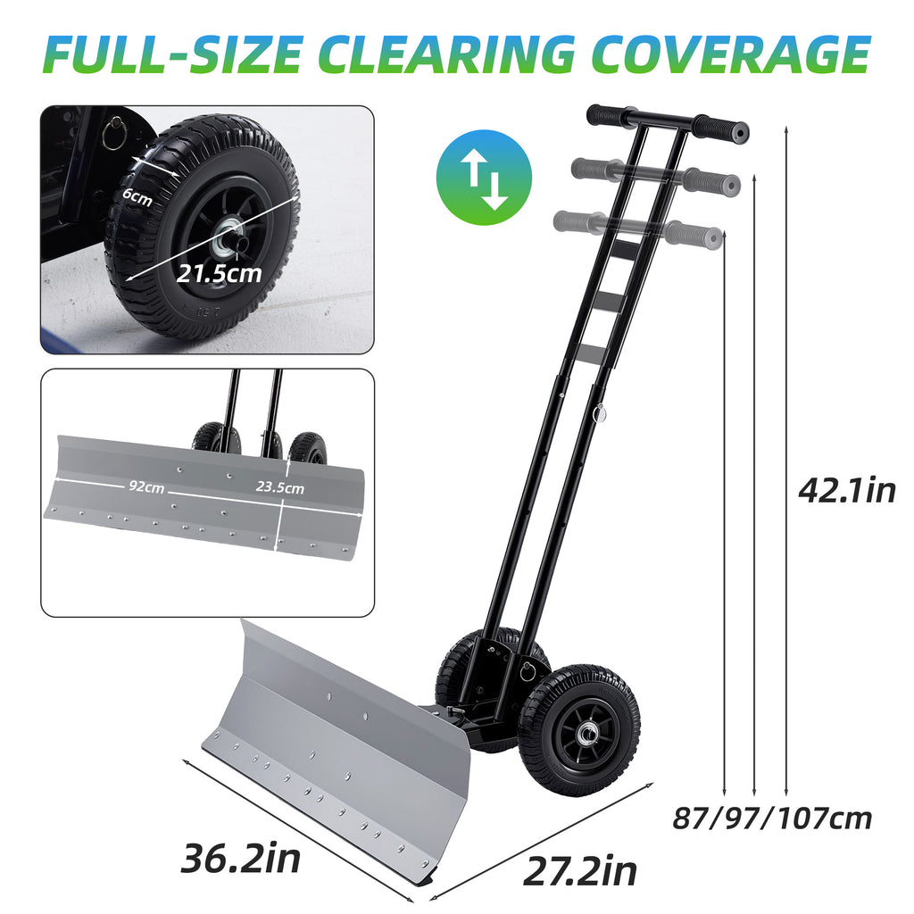 JIOABL 36 inch Snow Pusher with Wheels, Galvanized Steel Snow Plow, Adjustable Blade Angle & Handle for Driveway, Sidewalk & Walkway