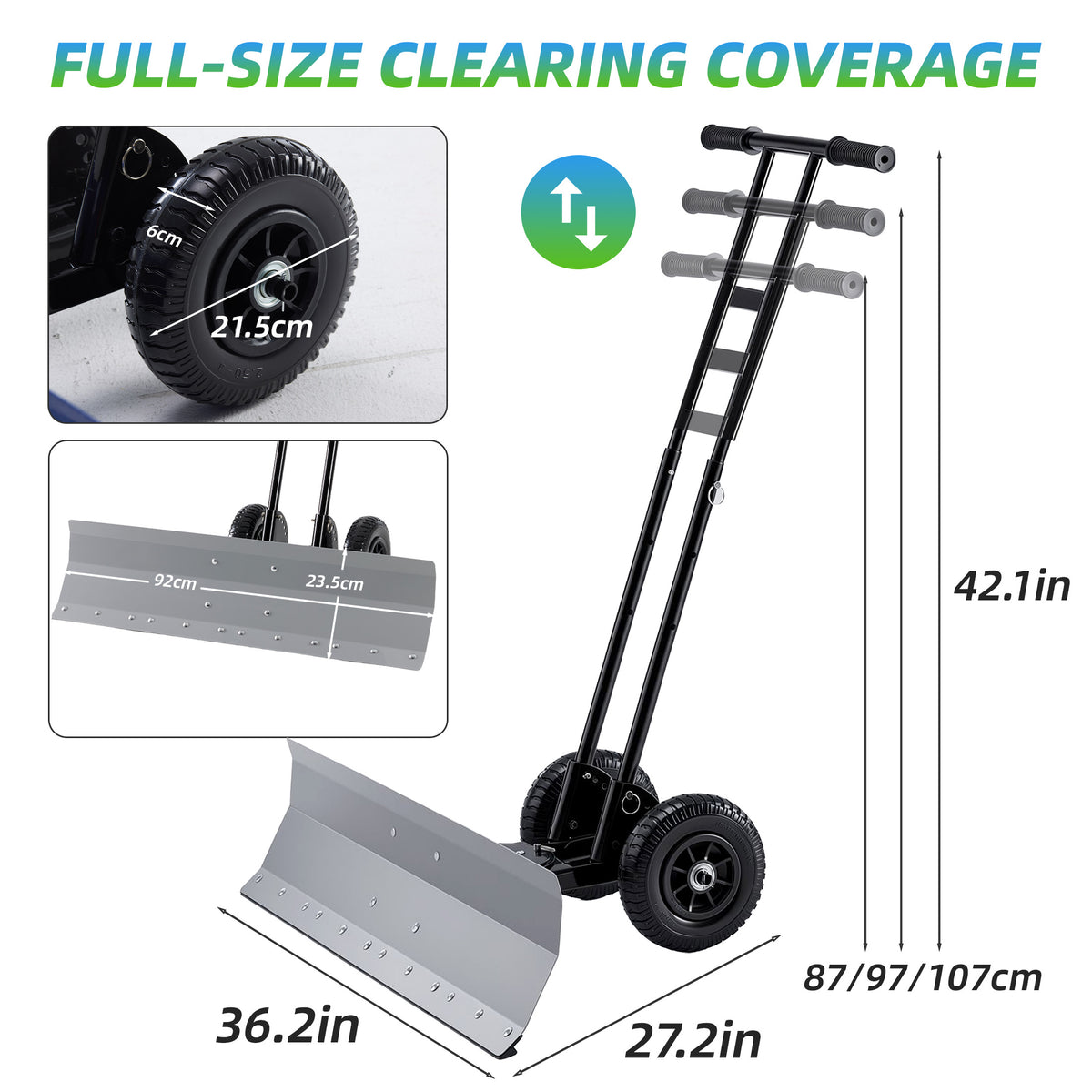 JIOABL 36 inch Snow Pusher with Wheels, Galvanized Steel Snow Plow, Adjustable Blade Angle & Handle for Driveway, Sidewalk & Walkway