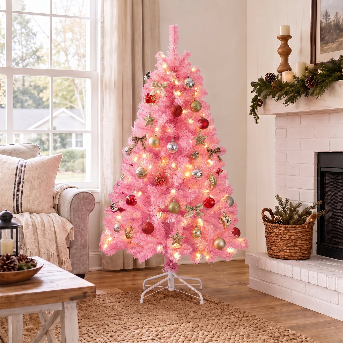 JIOABL Pre-Lit Artificial Christmas Tree, Pre Strung LED Lights, Indoor Xmas Holiday Decor with Metal Stand