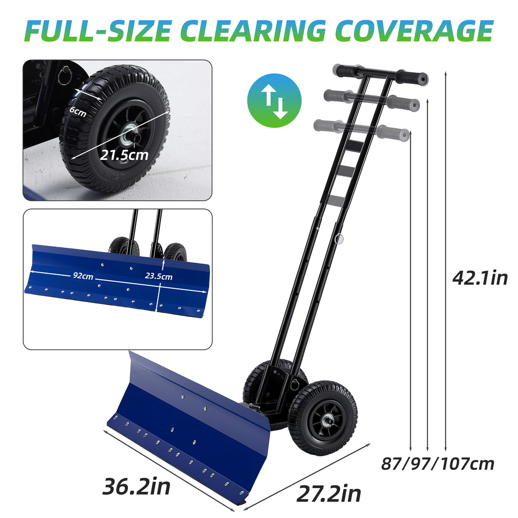JIOABL 36 inch Snow Pusher with Wheels, Galvanized Steel Snow Plow, Adjustable Blade Angle & Handle for Driveway, Sidewalk & Walkway