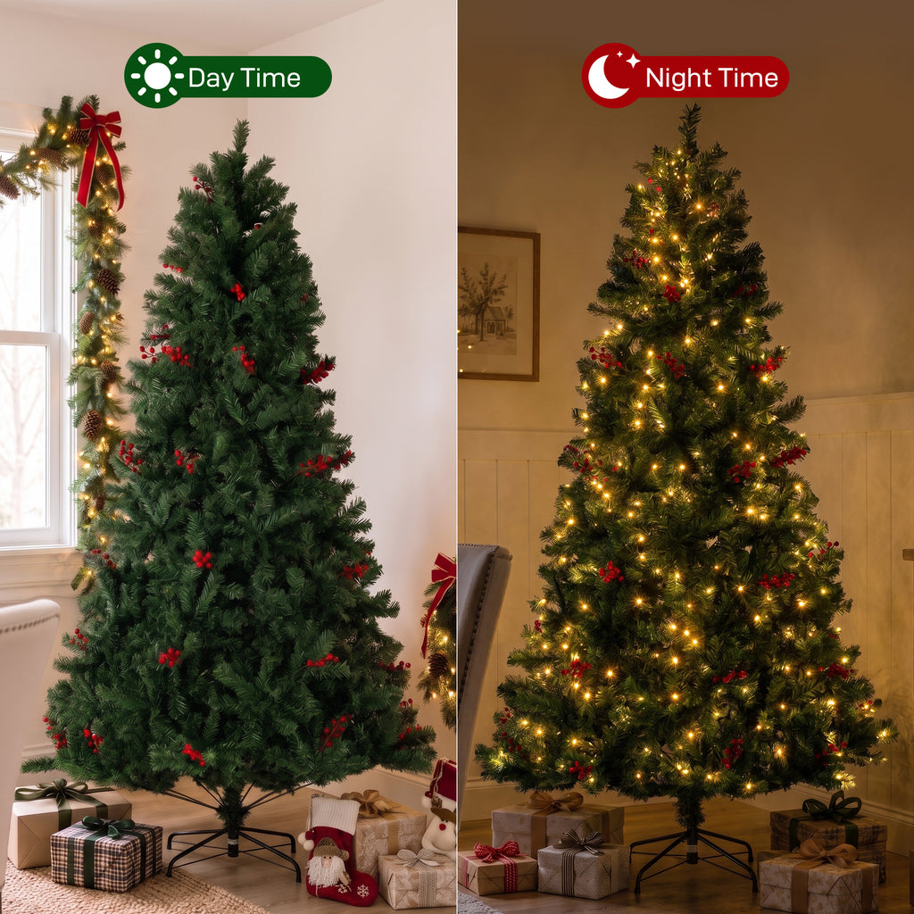 JIOABL Pre-Lit Artificial Spruce Christmas Tree, Pre-Decorated with Pinecones & Berries, Sturdy Metal Stand Base