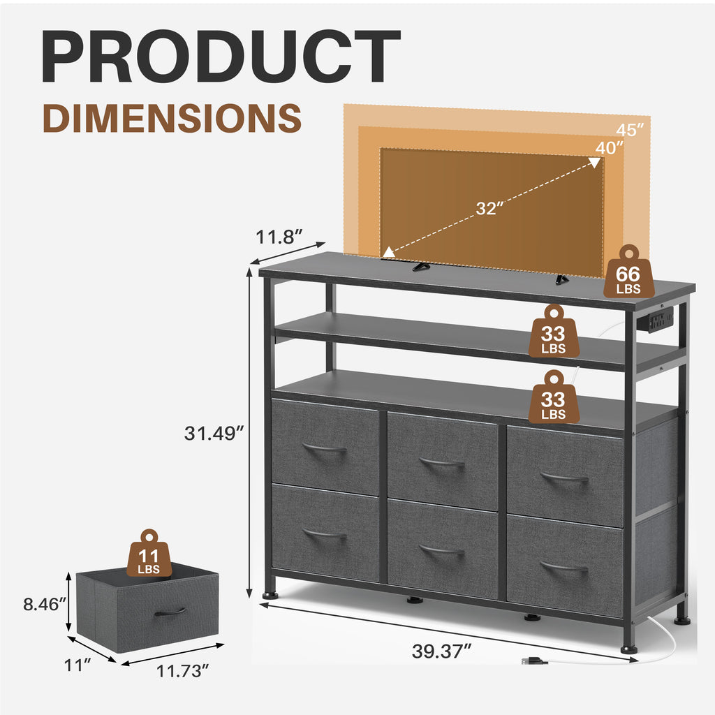 JIOABL TV Stand with 6 Fabric Drawers & Power Outlet, LED TV Console with USB & Type-C, Storage Dresser for Living Room