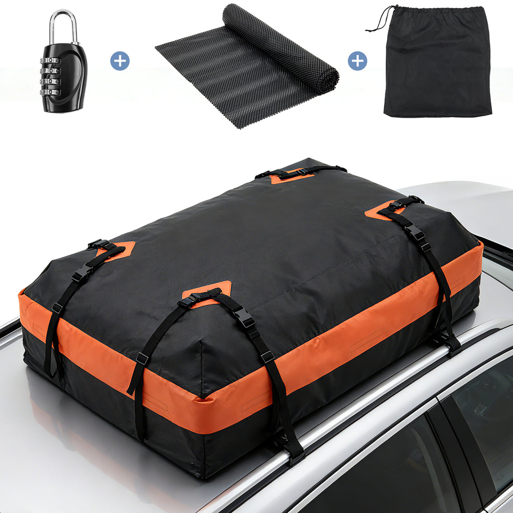 JIOABL Waterproof Car Roof Bag, 15 Cu Ft Rooftop Cargo Carrier with 6 Safety Hooks, Anti-Slip Mat, Lock, and Storage Bag for Cars & SUVs
