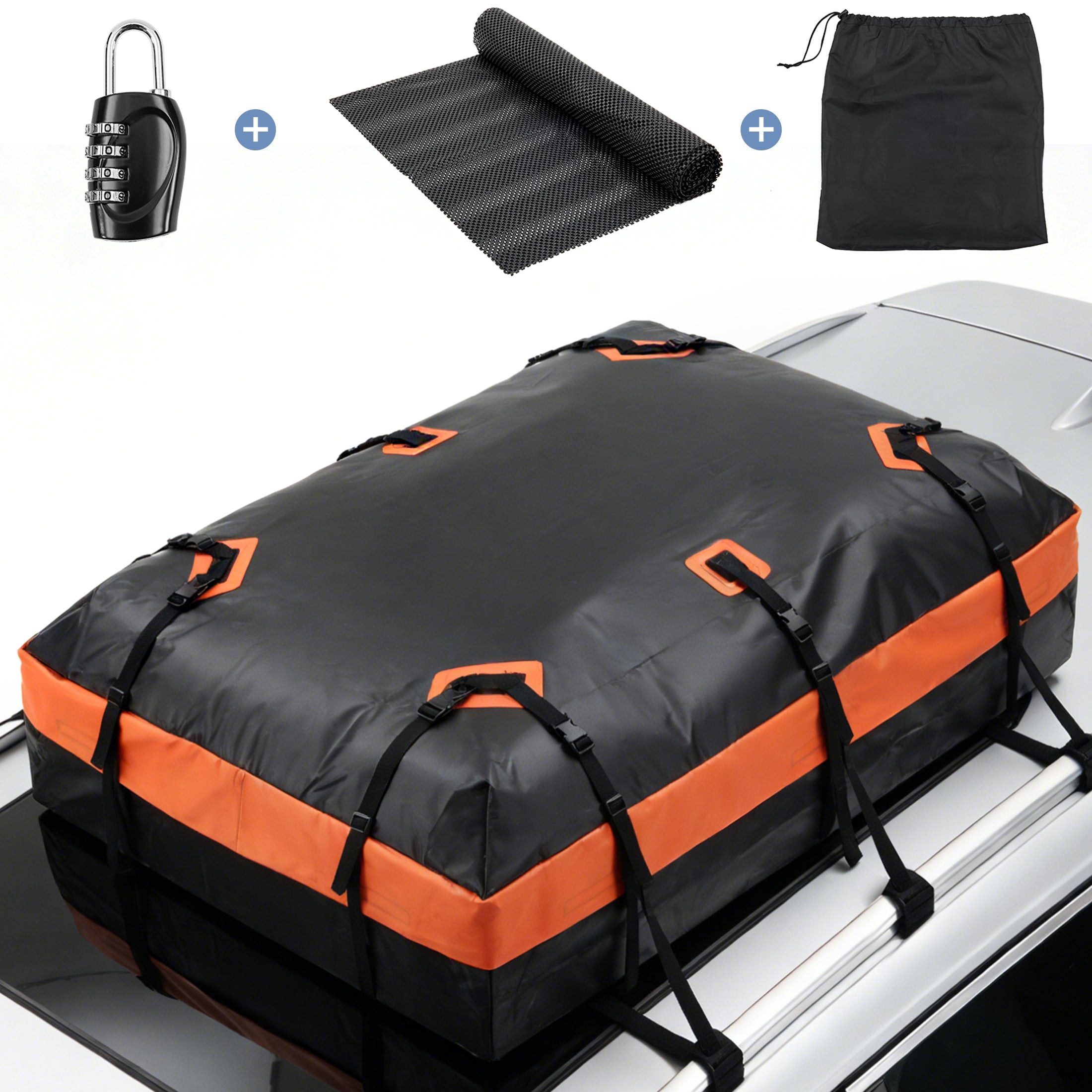 JIOABL Waterproof Car Roof Bag, 15 Cu Ft Rooftop Cargo Carrier with 6 Safety Hooks, Anti-Slip Mat, Lock, and Storage Bag for Cars & SUVs