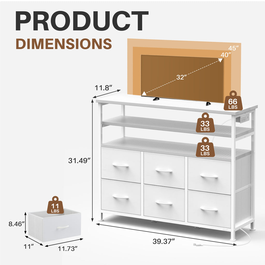 JIOABL TV Stand with 6 Fabric Drawers & Power Outlet, LED TV Console with USB & Type-C, Storage Dresser for Living Room