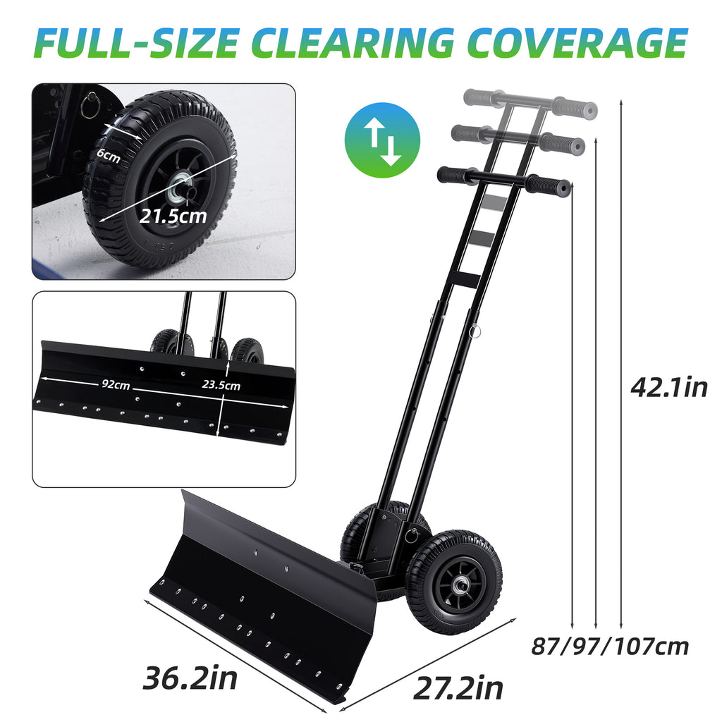JIOABL 36 inch Snow Pusher with Wheels, Galvanized Steel Snow Plow, Adjustable Blade Angle & Handle for Driveway, Sidewalk & Walkway