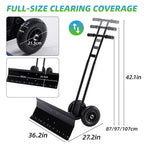 JIOABL 36 inch Snow Pusher with Wheels, Galvanized Steel Snow Plow, Adjustable Blade Angle & Handle for Driveway, Sidewalk & Walkway