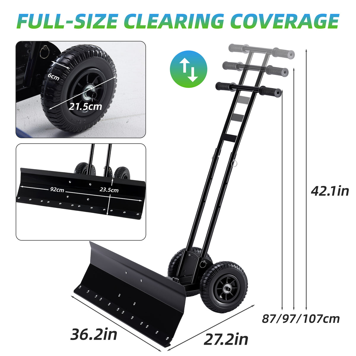 JIOABL 36 inch Snow Pusher with Wheels, Galvanized Steel Snow Plow, Adjustable Blade Angle & Handle for Driveway, Sidewalk & Walkway