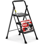 JIOABL 3 step ladder, 36-Inch Iron Step Stool with Non-Slip Pedals and Handrails - Portable Heavy Duty Steel Ladder for Kitchen, Garage, and Outdoor Use - Black
