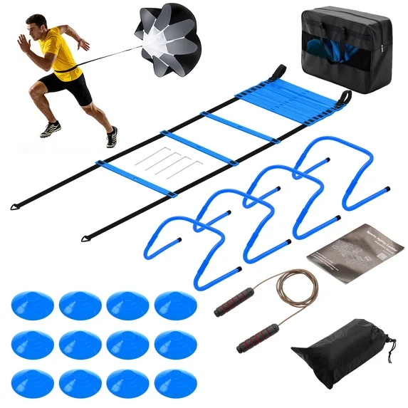 JIOABL Agility Ladder Training Set with Speed Parachute, Hurdles, Cones, Jump Rope for Soccer Football Speed & Agility, Yellow