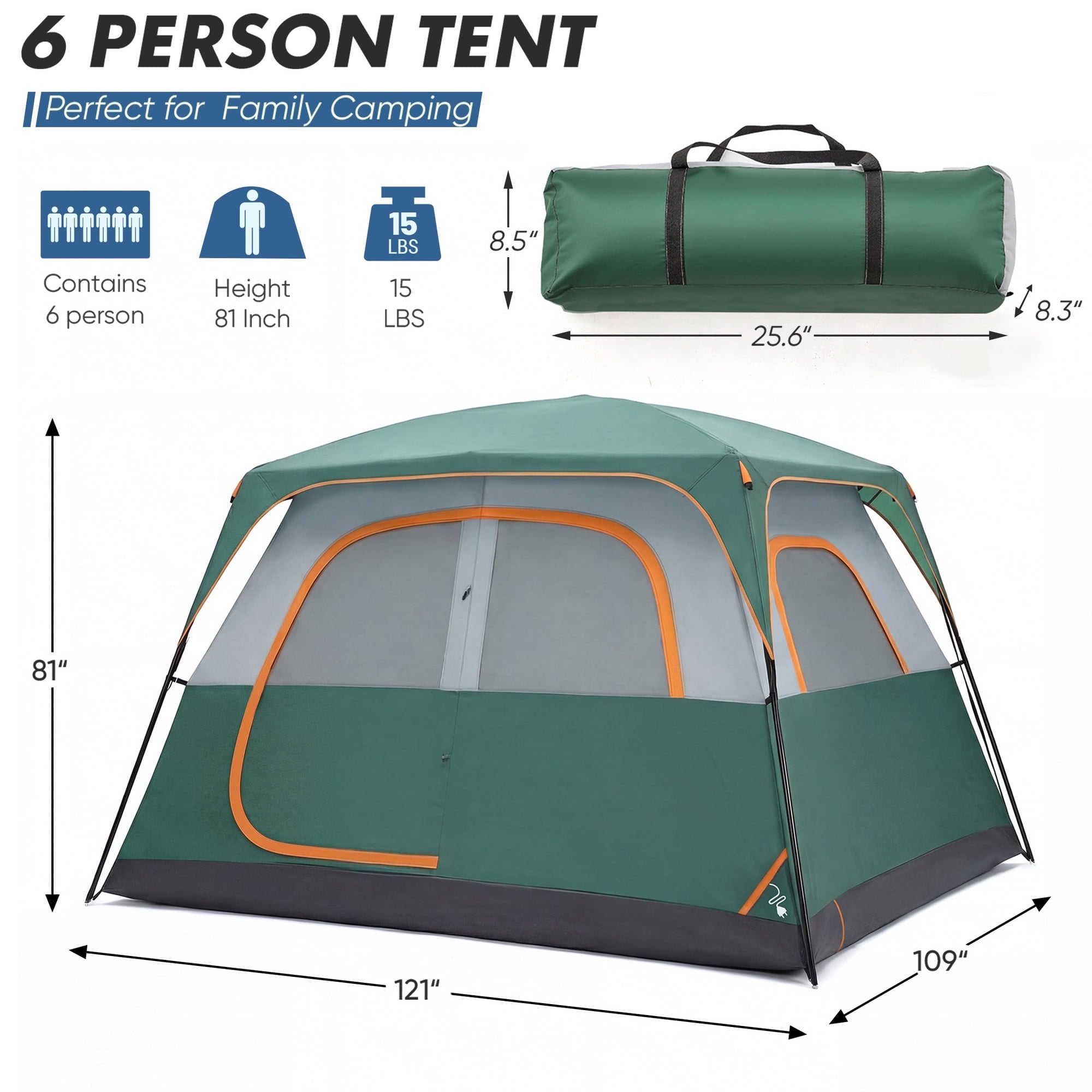 JIOABL 6 Person Camping Tent with Rainfly, Waterproof Polyester, Easy Setup, Portable with Carry Bag, Stakes & Ropes for Outdoor Camping