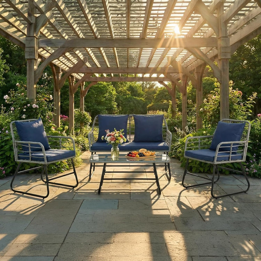 JIOABL Outdoor Bistro Set, Wicker Chairs & Glass Top Table for Patio, Balcony, Porch, Backyard