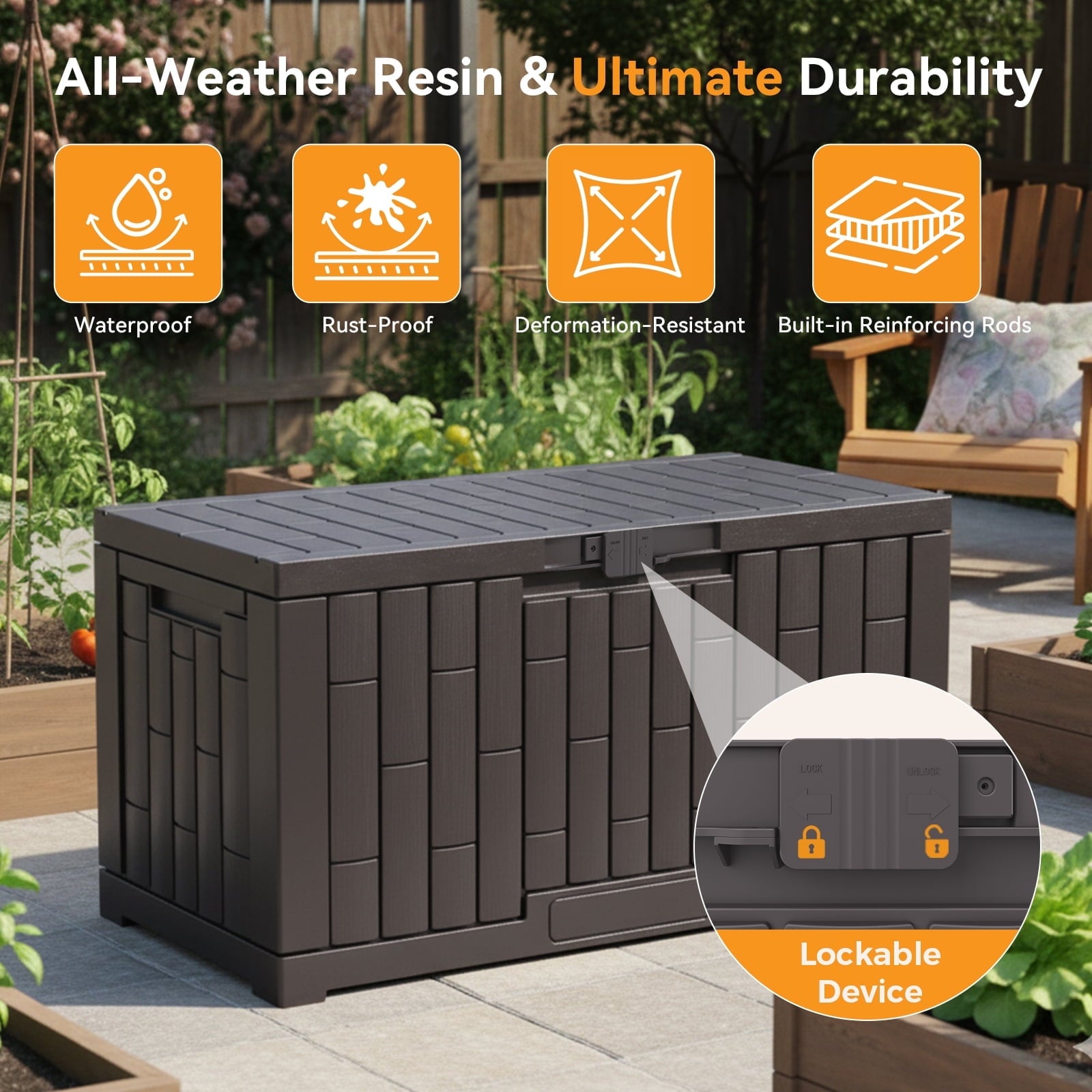 JIOABL 60-Gallon Waterproof Deck Box, UV-Resistant Resin, Lockable with Handles, Ideal for Patio Cushions, Garden Tools & Pool Accessories