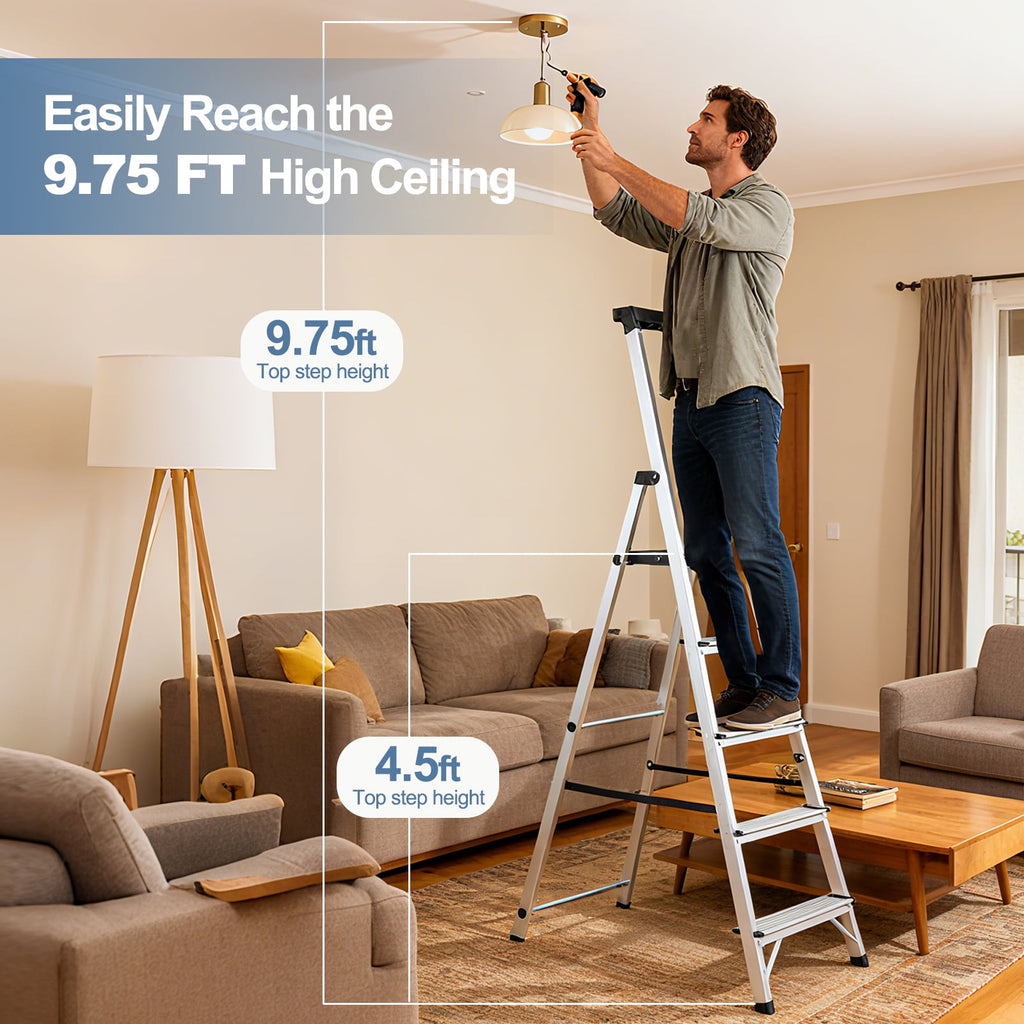 JIOABL Aluminum Folding Ladder, 330 lbs Capacity with Wide Non-Slip Steps, Steel Platform, Slim Fold Design