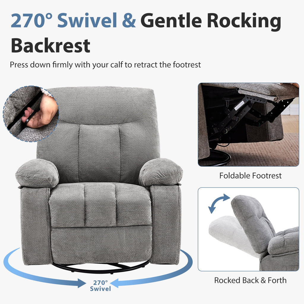 JIOABL Swivel Rocker Recliner Chair with Massage and Heat, Adjustable Recline, Chenille Fabric