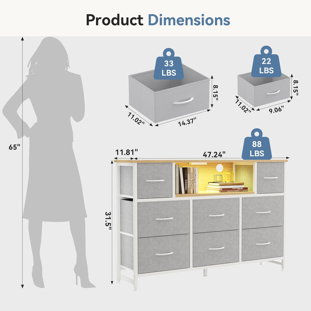 JIOABL TV Stand with  Fabric Drawers & Power Outlet, LED TV Console with USB & Type-C, Storage Dresser for Living Room