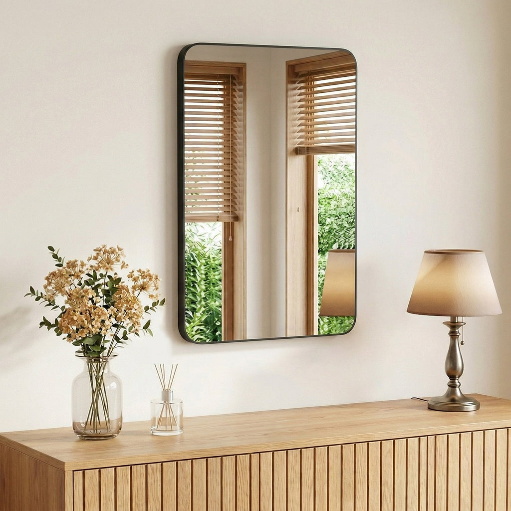 JIOABL Square with Rounded Corners Bathroom Mirror, Aluminum Wall-Mounted Tempered Glass Mirror - Perfect for Bathroom, Bedroom & Living Room