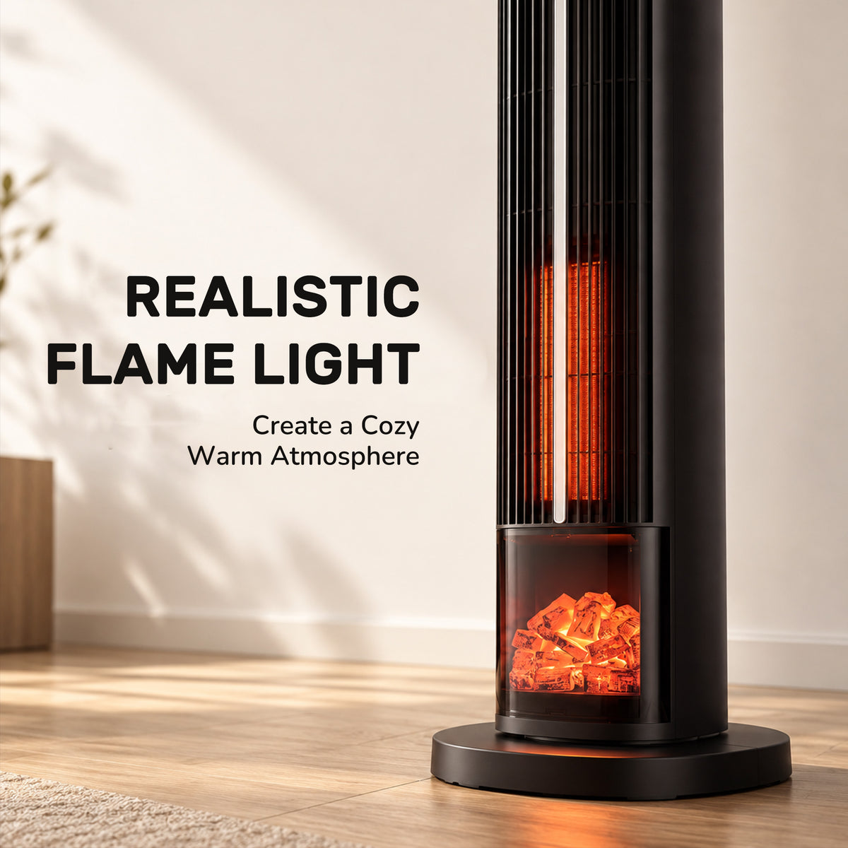 JIOABL Tall Tower Flame Heater | 1500W, 4 Functions, 3s Quick Heat, 2 Heat Settings, Low Noise, Oscillation & Timer