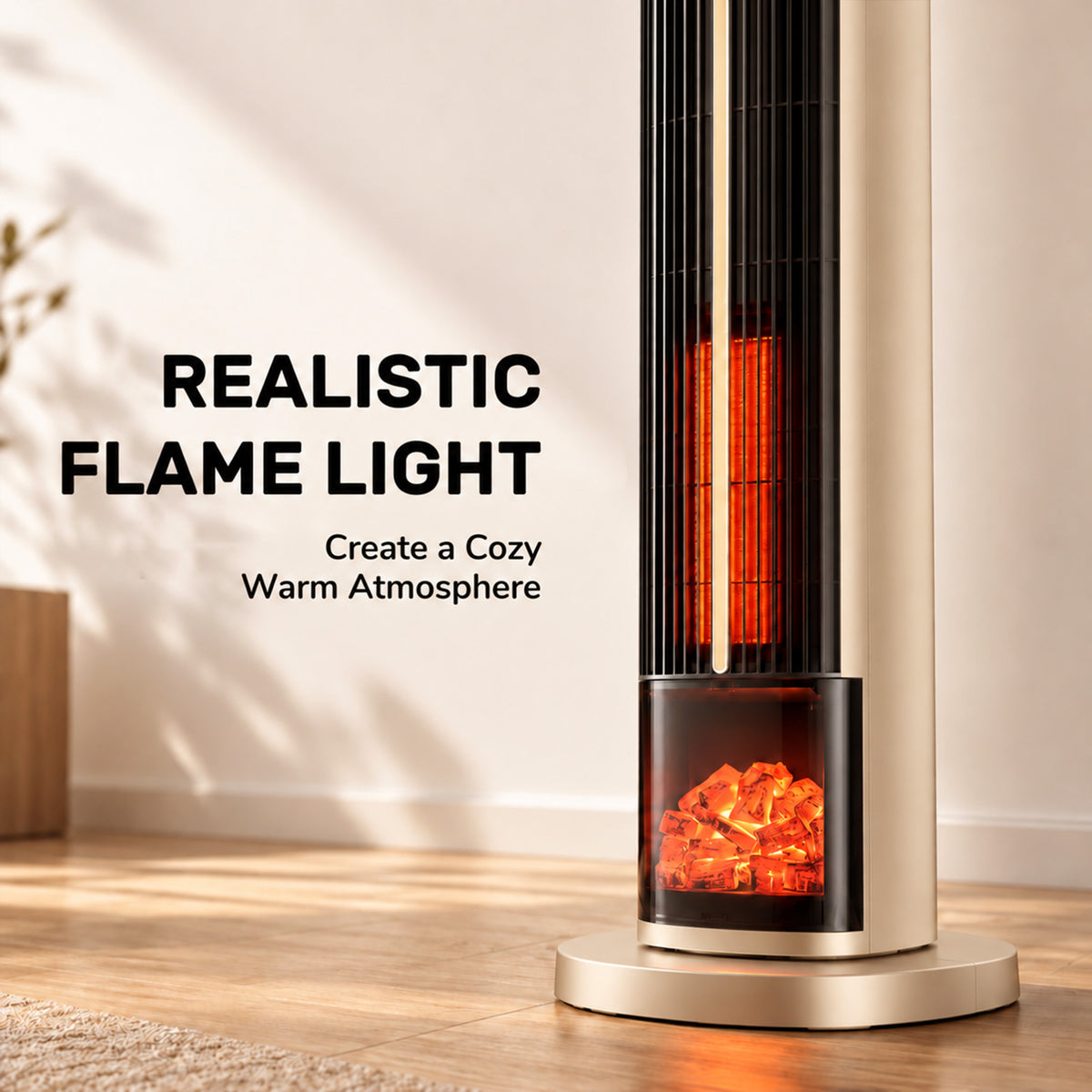 JIOABL Tall Tower Flame Heater | 1500W, 4 Functions, 3s Quick Heat, 2 Heat Settings, Low Noise, Oscillation & Timer