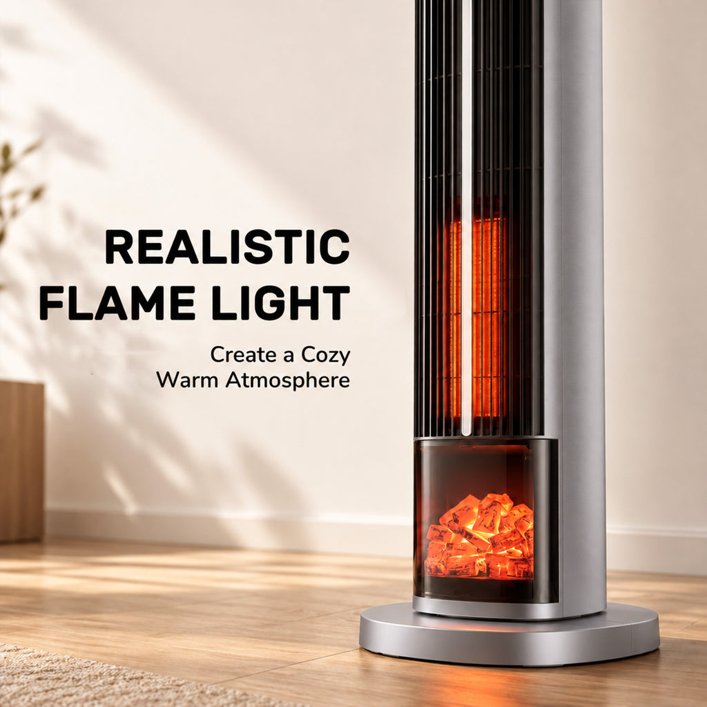 JIOABL Tall Tower Flame Heater | 1500W, 4 Functions, 3s Quick Heat, 2 Heat Settings, Low Noise, Oscillation & Timer