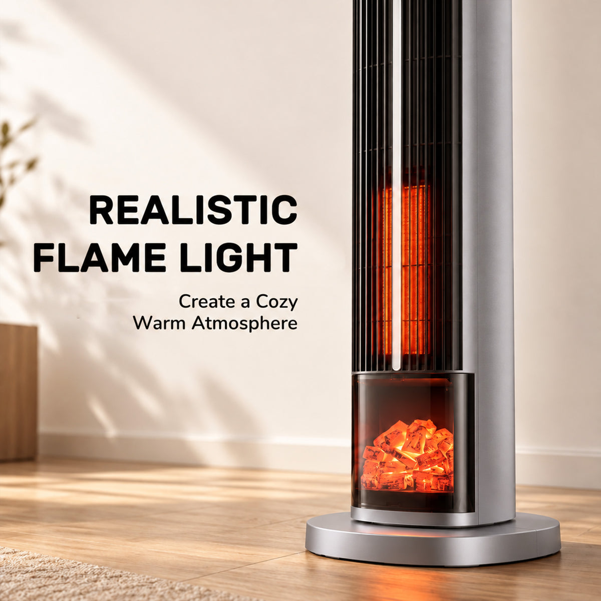 JIOABL Tall Tower Flame Heater | 1500W, 4 Functions, 3s Quick Heat, 2 Heat Settings, Low Noise, Oscillation & Timer