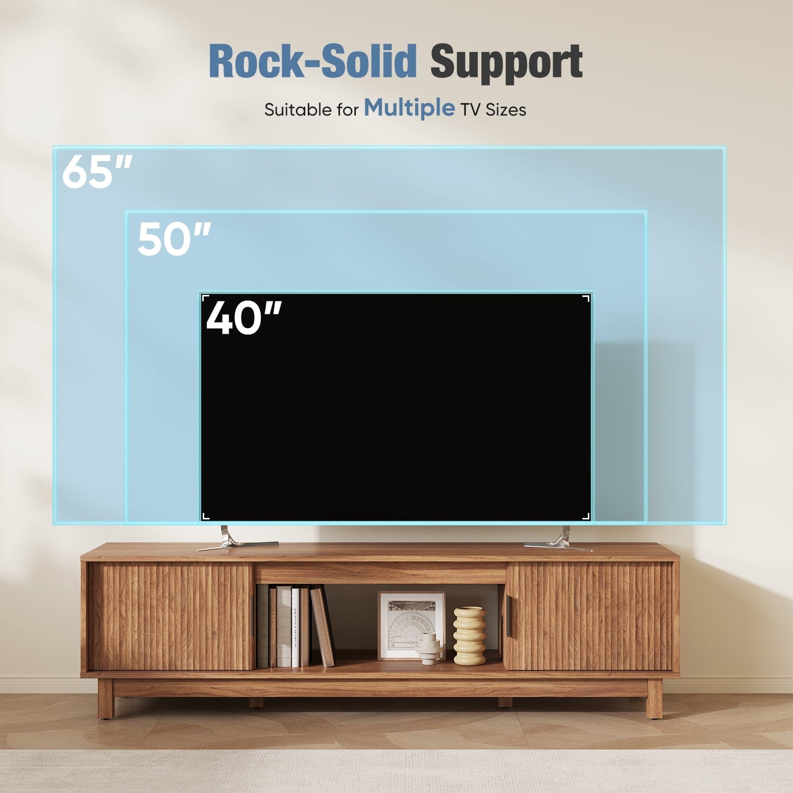 JIOABL Rattan TV Stand, Wood Entertainment Center with Storage Cabinets & Cable Management Hole