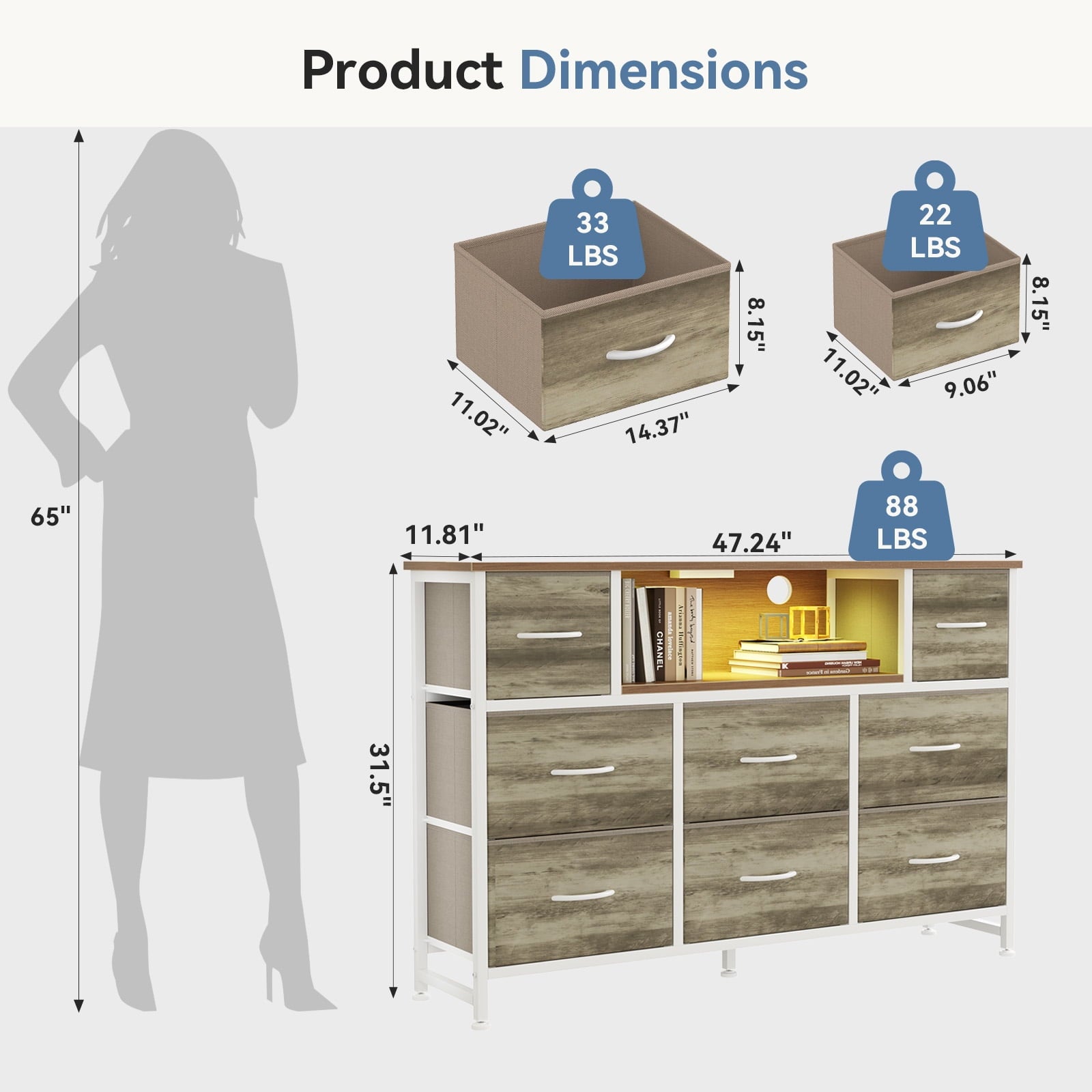 JIOABL TV Stand with  Fabric Drawers & Power Outlet, LED TV Console with USB & Type-C, Storage Dresser for Living Room