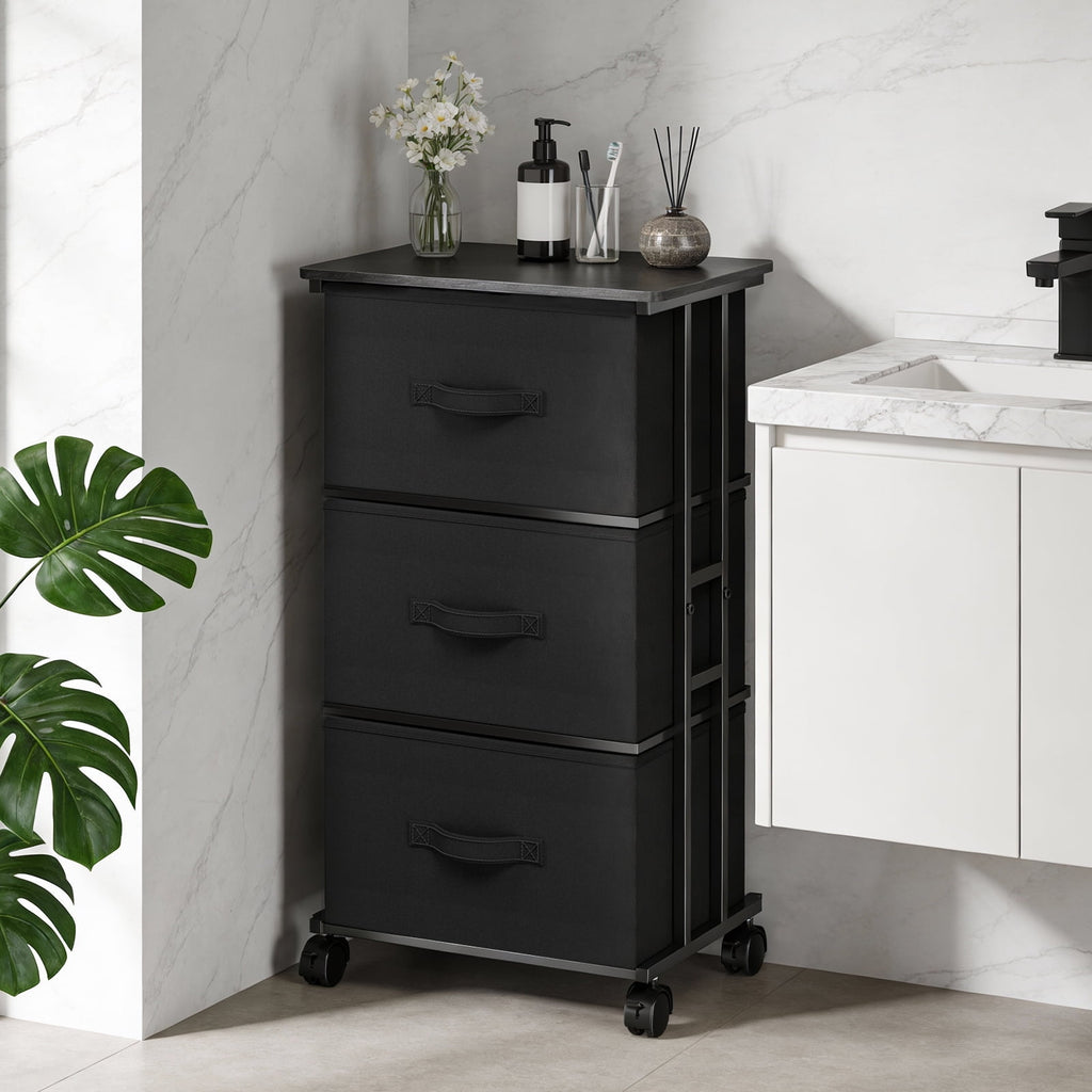 JIOABL Dresser Storage with 3 Drawers, Fabric Tower, Vertical Storage Unit with Wheels & Adjustable Handles for Bedroom, Closet, Office