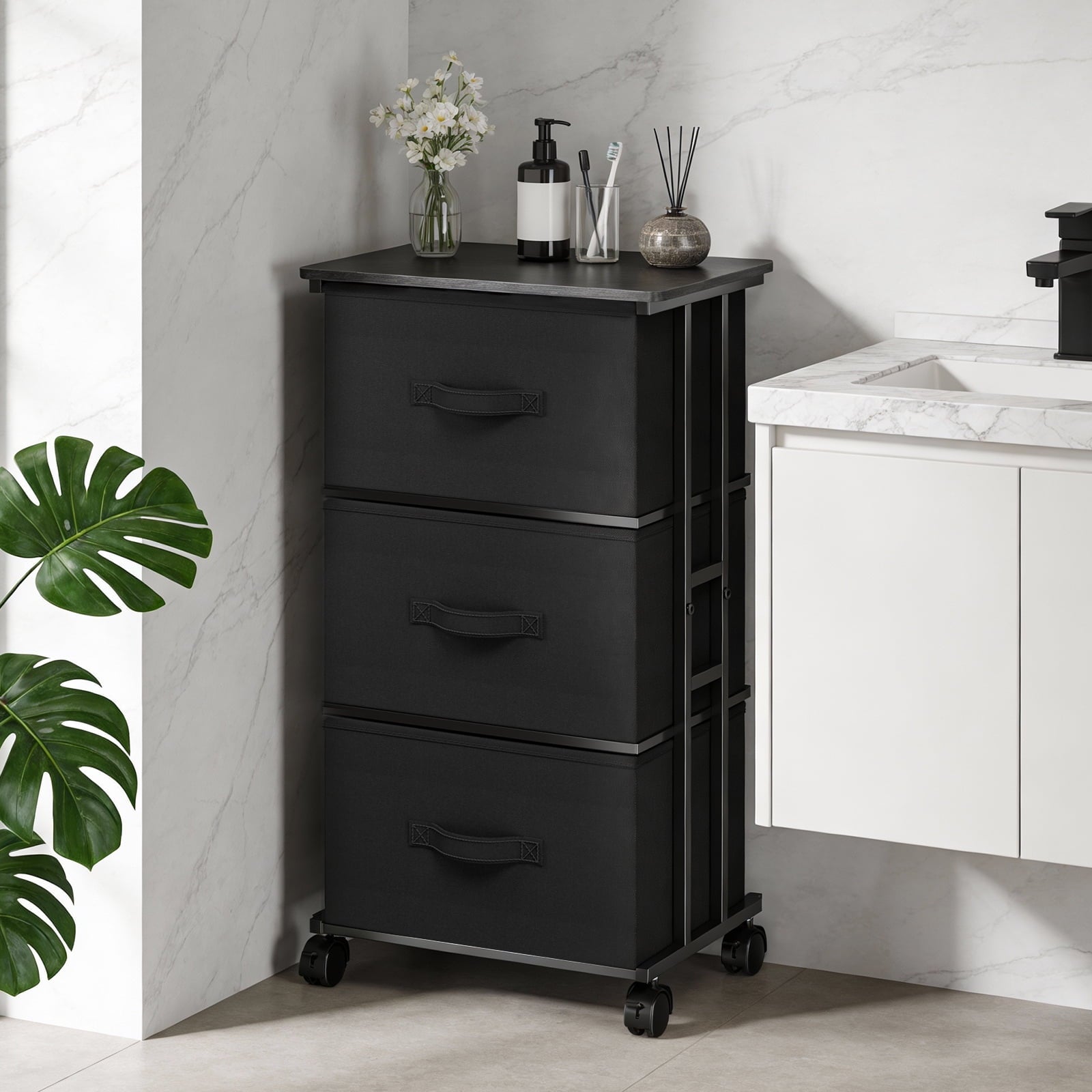 JIOABL Dresser Storage with 3 Drawers, Fabric Tower, Vertical Storage Unit with Wheels & Adjustable Handles for Bedroom, Closet, Office