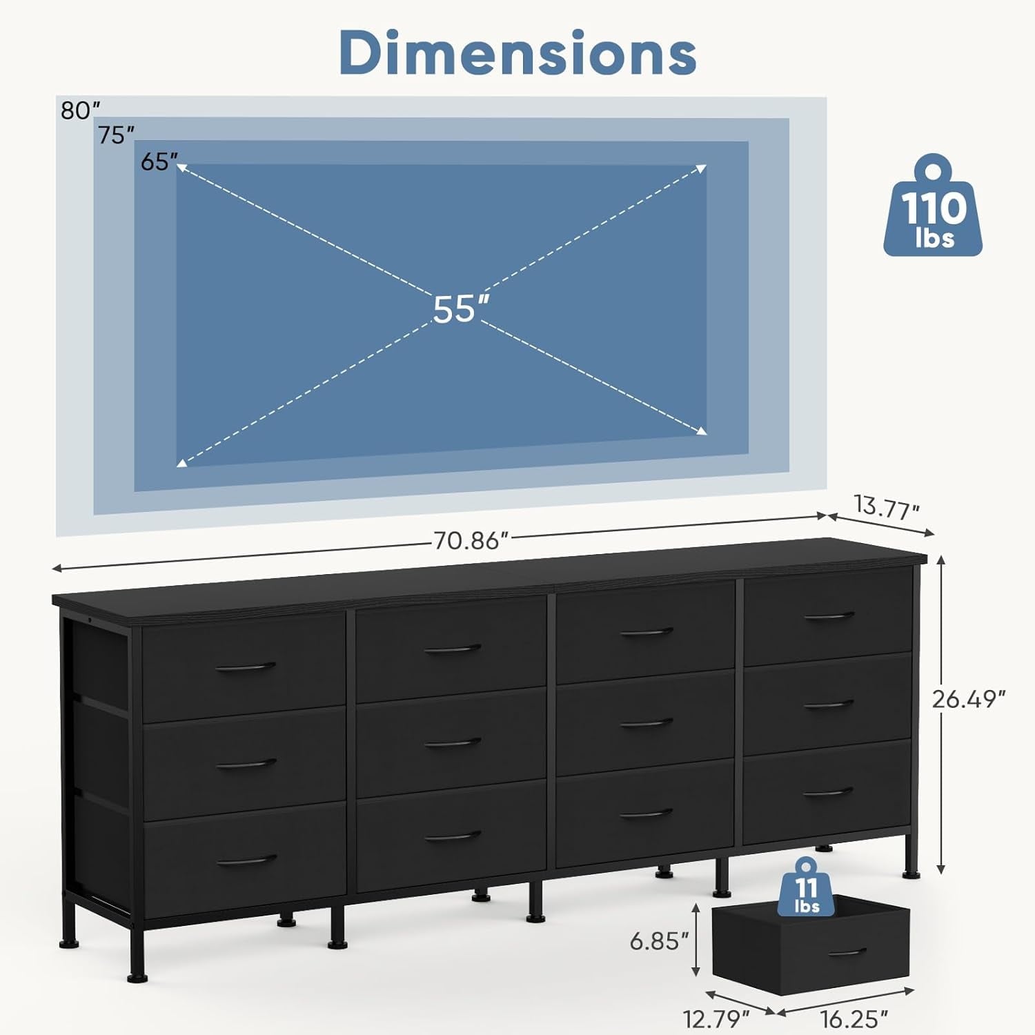 JIOABL TV Stand with 12 Fabric Drawers, Metal Frame Storage Stand with Adjustable feet and Anti-Tip