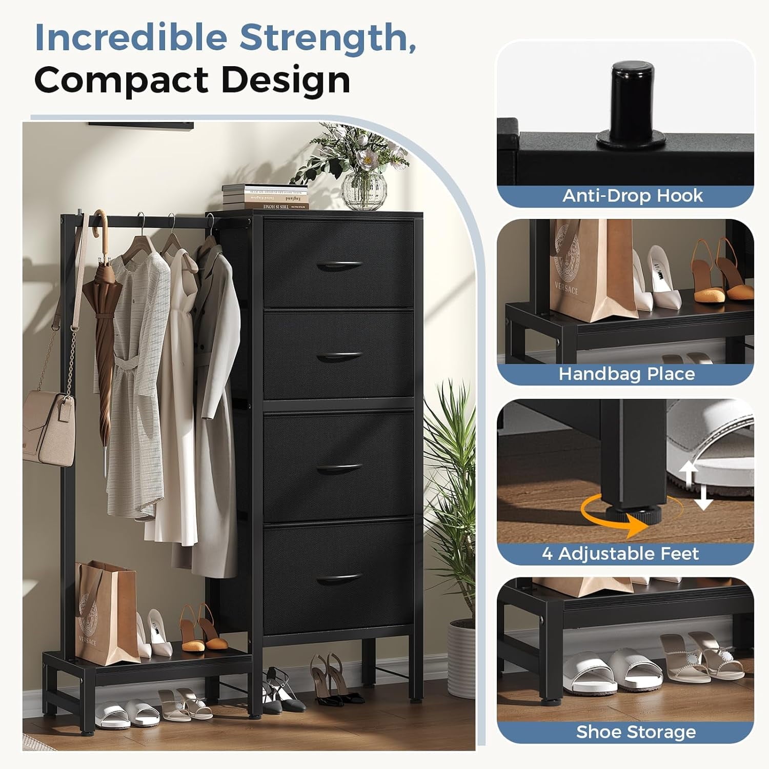 JIOABL 4 Drawer Dresser with Hanging Rack, Steel Frame, Fabric Drawers, Tall Storage Organizer for Bedroom