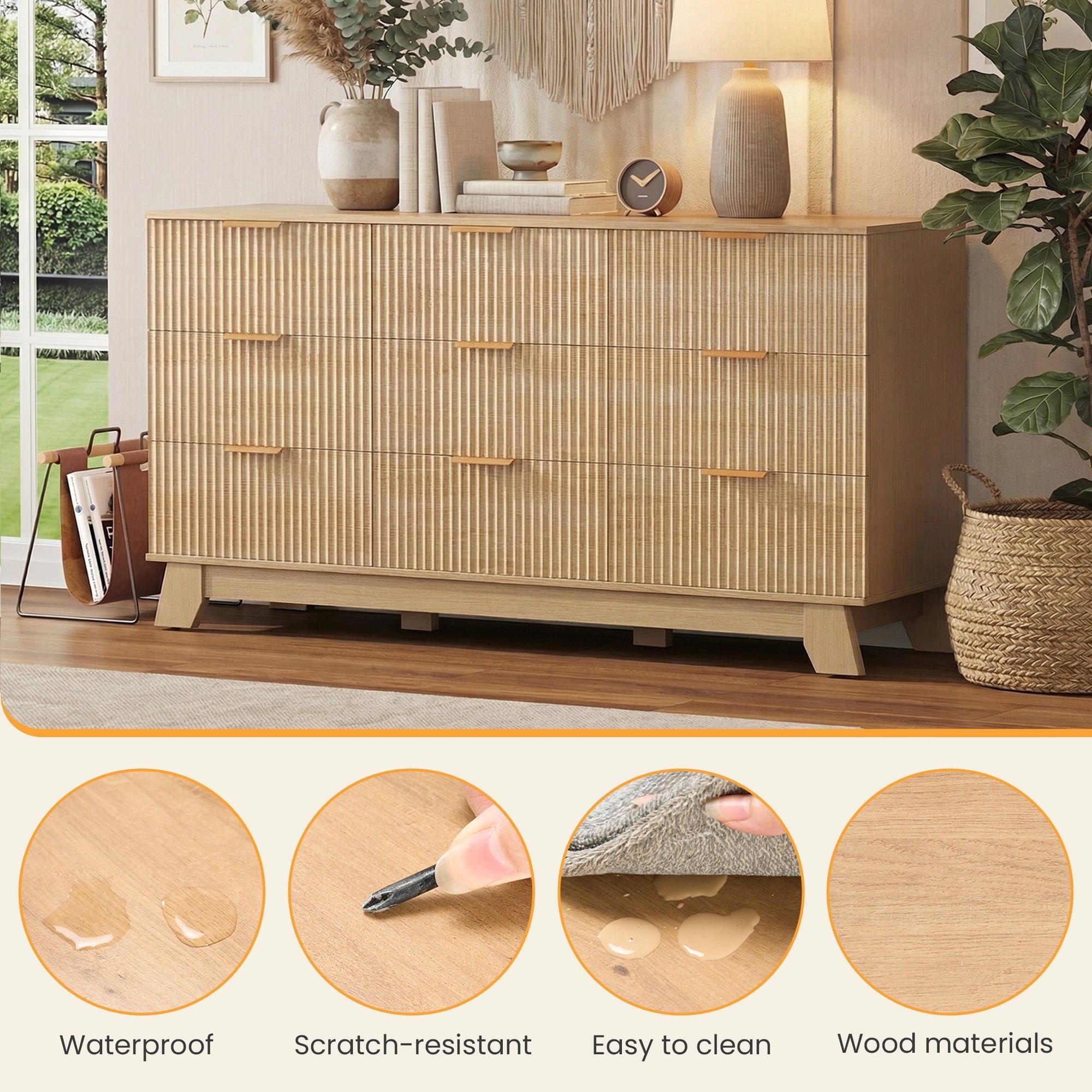 JIOABL Wood Dresser with Fluted Panel Design, Modern Storage Cabinet for Bedroom, Living Room, Hallway, Natural Oak