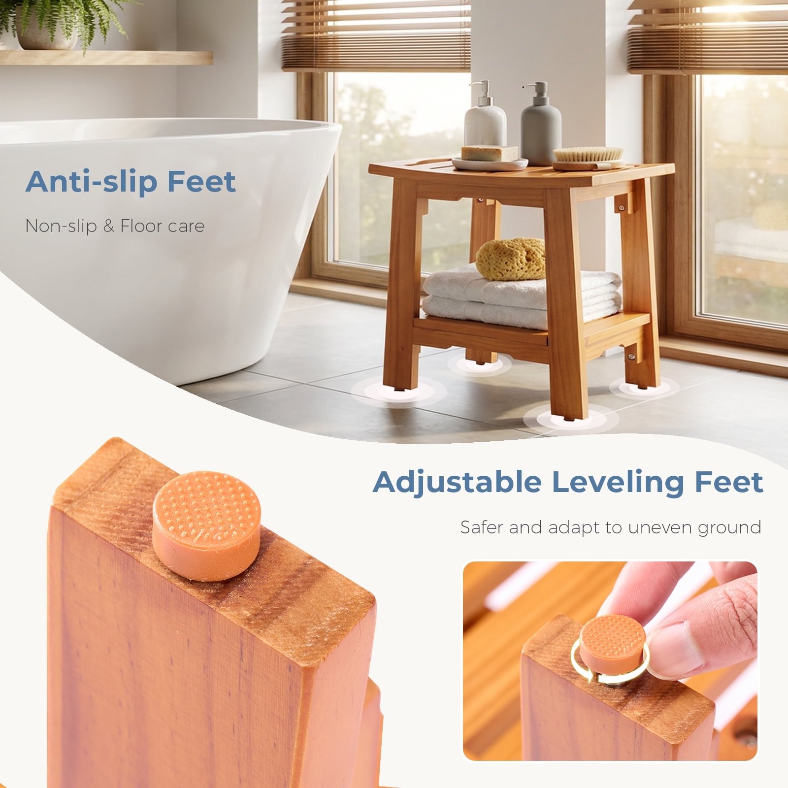 JIOABL Pine Wood Shower Bench, 250lbs Capacity, Waterproof, Non-Slip, Adjustable, for Indoor & Outdoor Use - Natural Finish