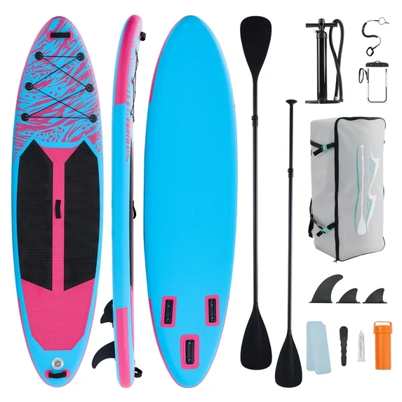 JIOABL 10'5" Inflatable Stand Up Paddle Board, Wide Stable Design, Non-Slip Deck, with Premium SUP Paddle, Pump, Backpack & Leash, Blue White