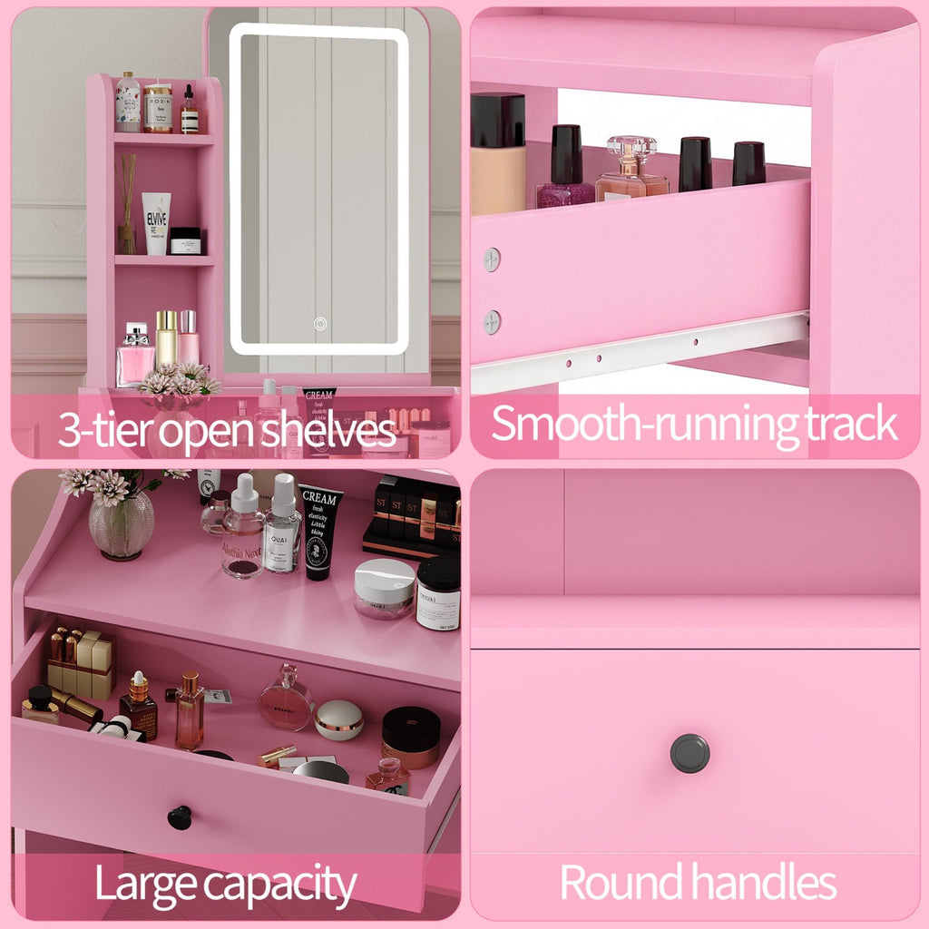 JIOABL 24" Vanity Desk with Mirror, LED Makeup Vanity with 3 Light Modes & Power Outlet, Storage Drawers & Stool, Dressing Table for Bedroom