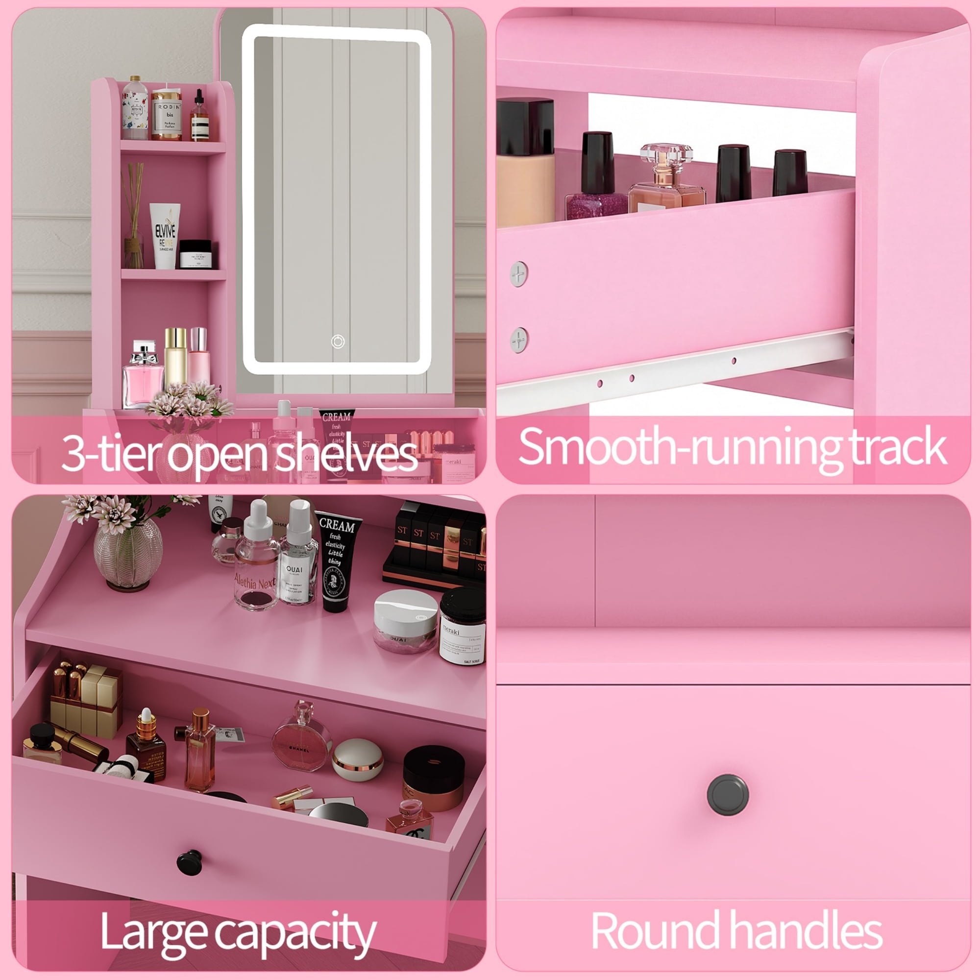 JIOABL 24" Vanity Desk with Mirror, LED Makeup Vanity with 3 Light Modes & Power Outlet, Storage Drawers & Stool, Dressing Table for Bedroom