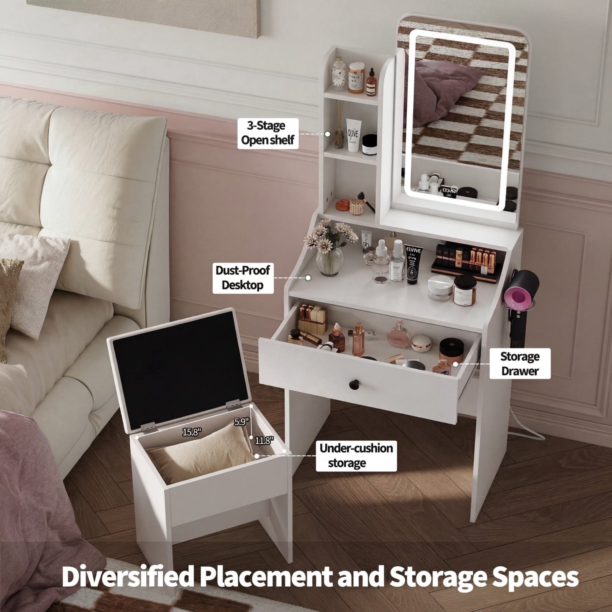 JIOABL 24" Vanity Desk with Mirror, LED Makeup Vanity with 3 Light Modes & Power Outlet, Storage Drawers & Stool, Dressing Table for Bedroom