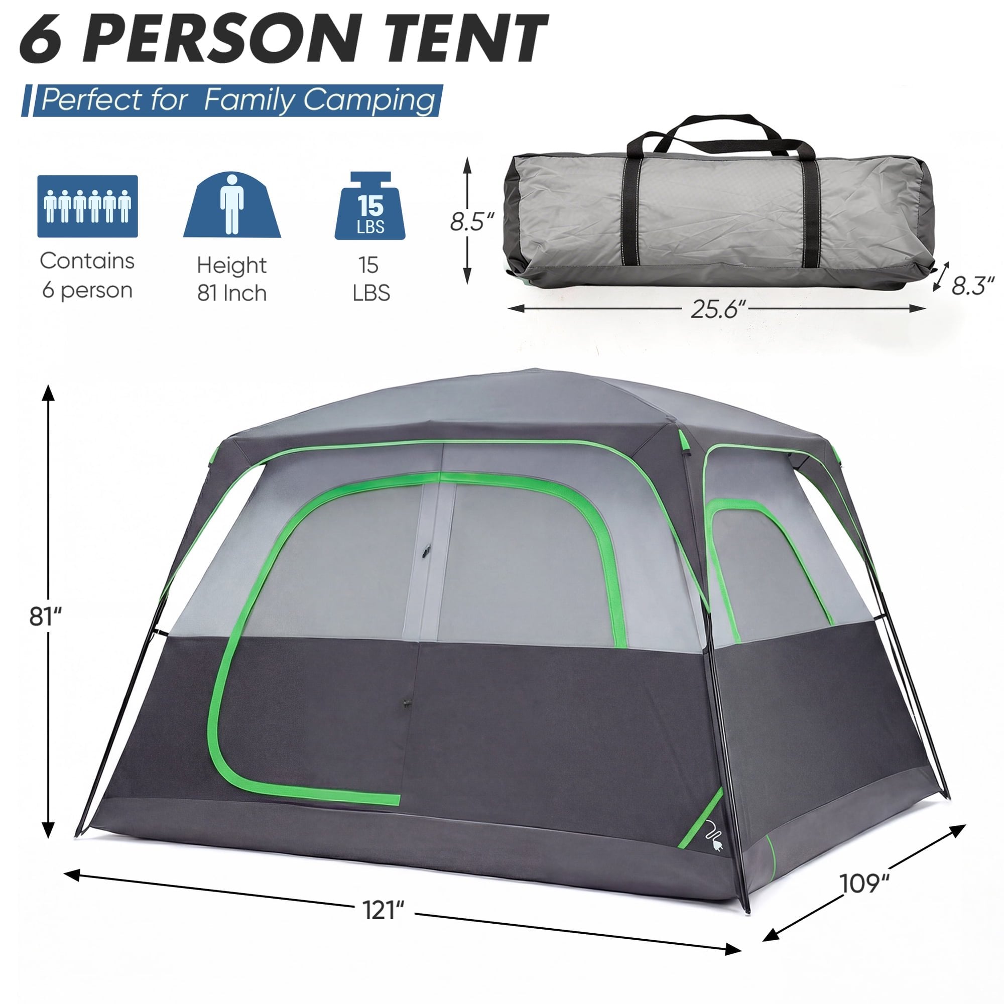 JIOABL 6 Person Camping Tent with Rainfly, Waterproof Polyester, Easy Setup, Portable with Carry Bag, Stakes & Ropes for Outdoor Camping