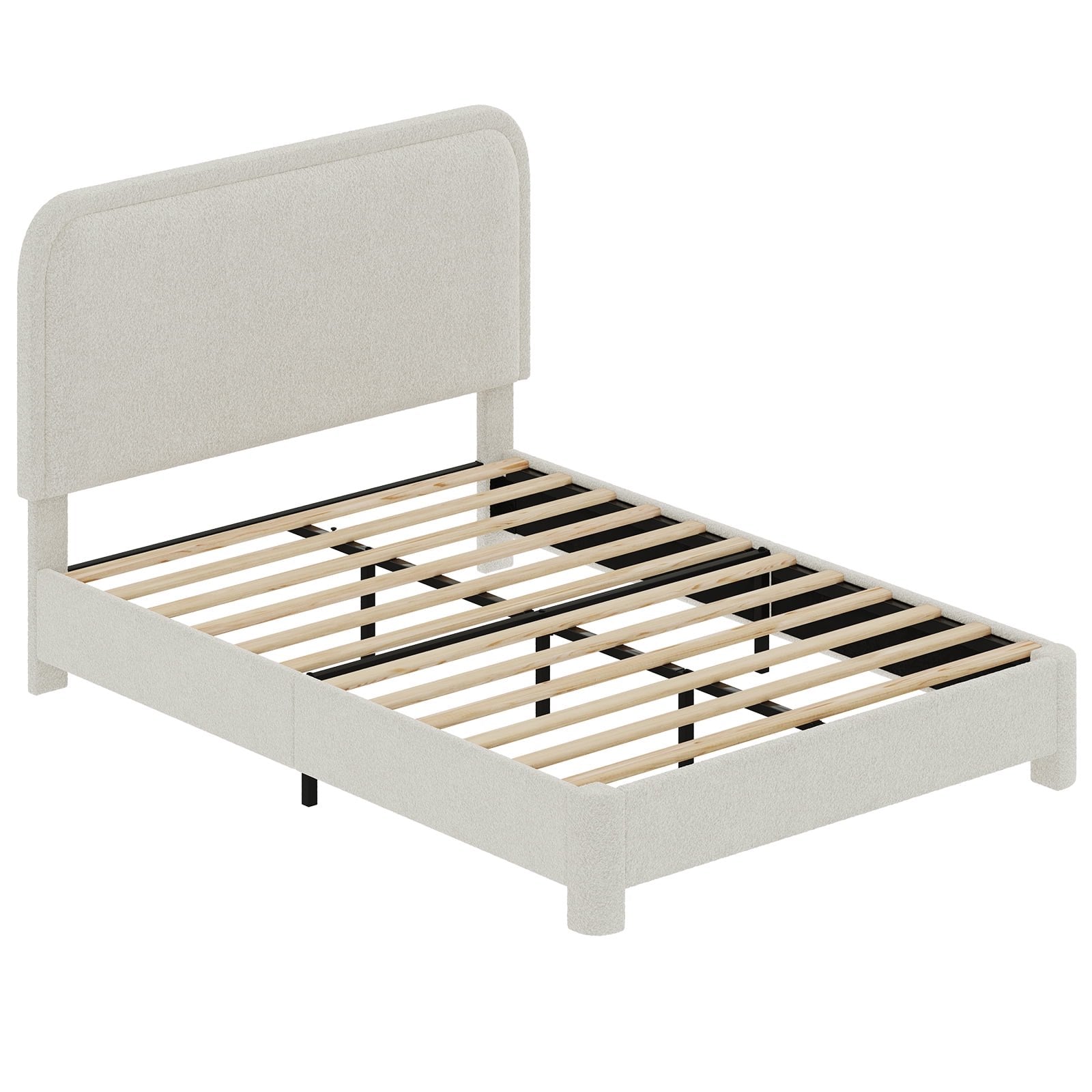 JIOABL Upholstered Platform Bed Frame with Adjustable Headboard, Teddy Fleece Fabric, No Box Spring Needed, White