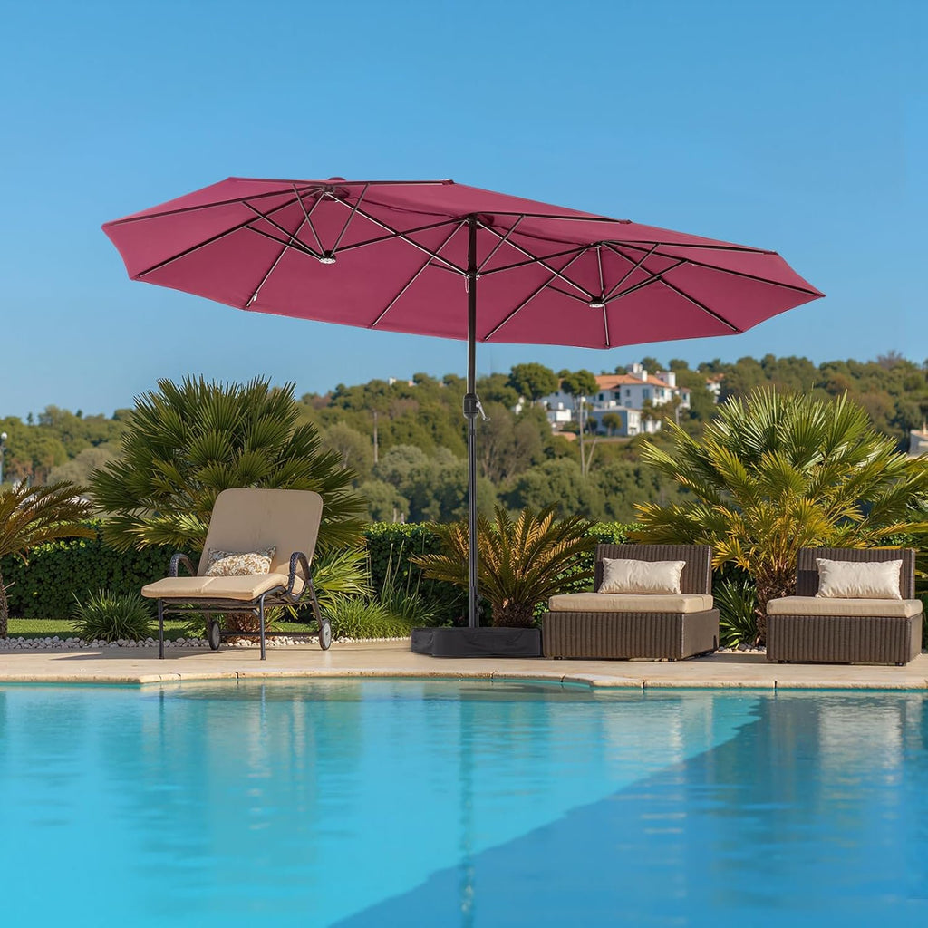 JIOABL 15FT Triple Head Patio Umbrella with Base & Sandbags, Large Outdoor Umbrella with Crank, 12 Ribs, UV-Resistant & Ventilated Canopy