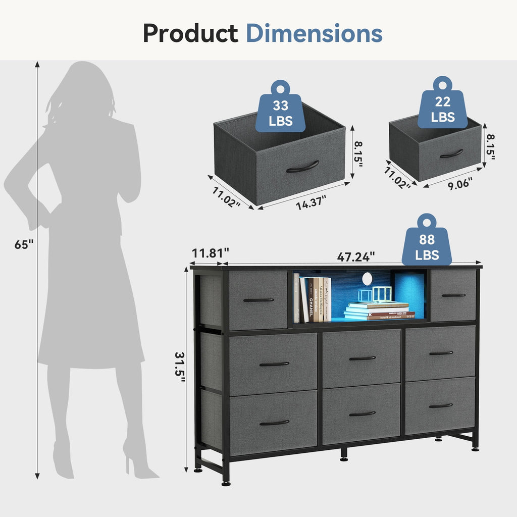 JIOABL TV Stand with  Fabric Drawers & Power Outlet, LED TV Console with USB & Type-C, Storage Dresser for Living Room