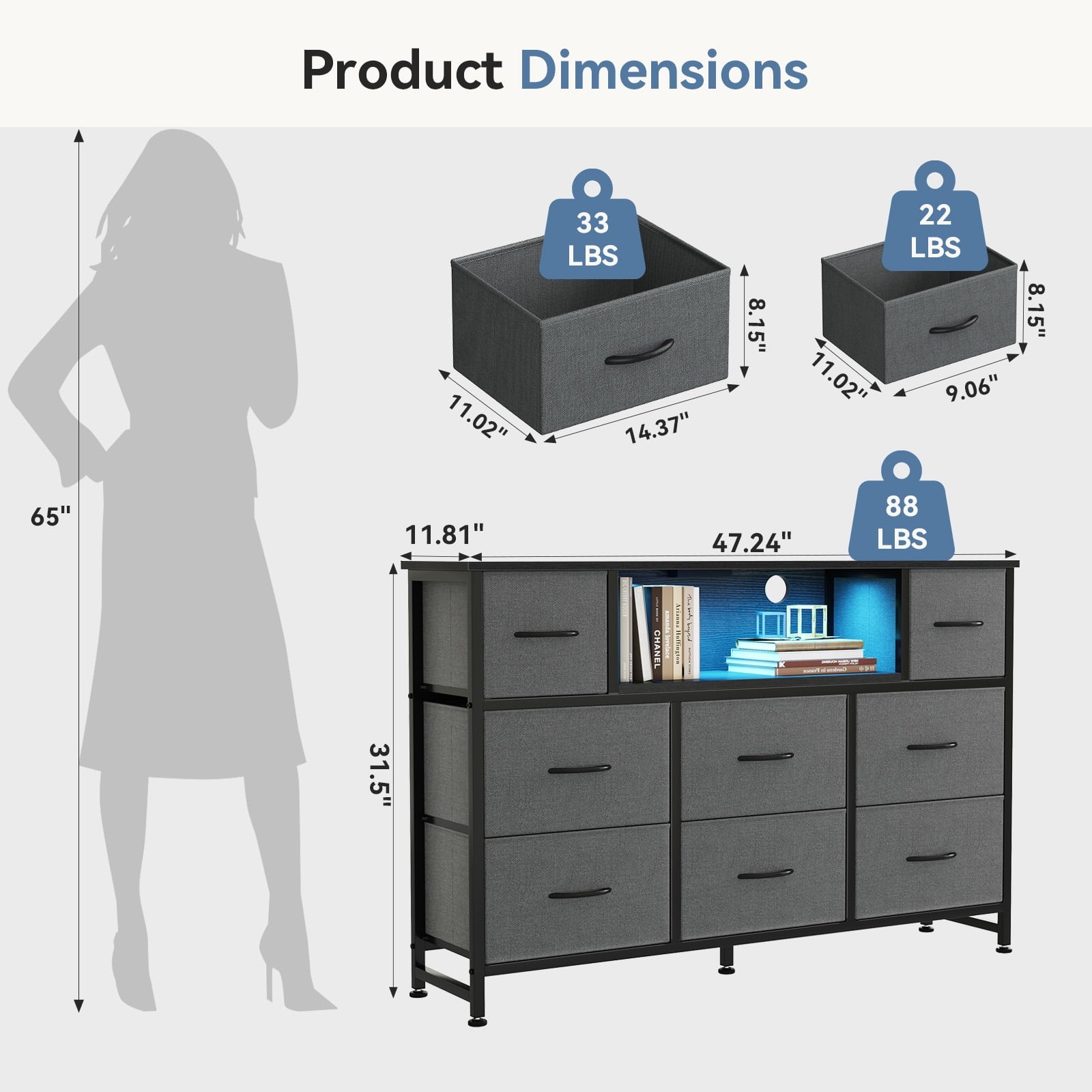 JIOABL TV Stand with  Fabric Drawers & Power Outlet, LED TV Console with USB & Type-C, Storage Dresser for Living Room
