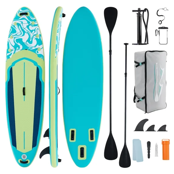 JIOABL 10'5" Inflatable Stand Up Paddle Board, Wide Stable Design, Non-Slip Deck, with Premium SUP Paddle, Pump, Backpack & Leash, Blue White
