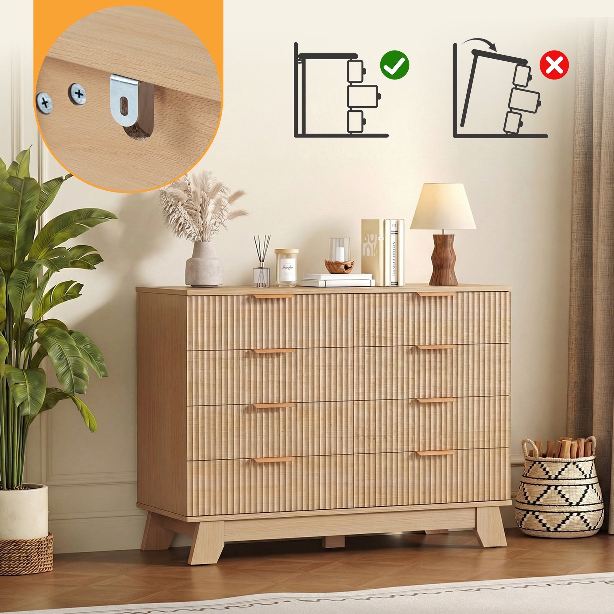 JIOABL Wood Dresser with Fluted Panel Design, Modern Storage Cabinet for Bedroom, Living Room, Hallway, Natural Oak